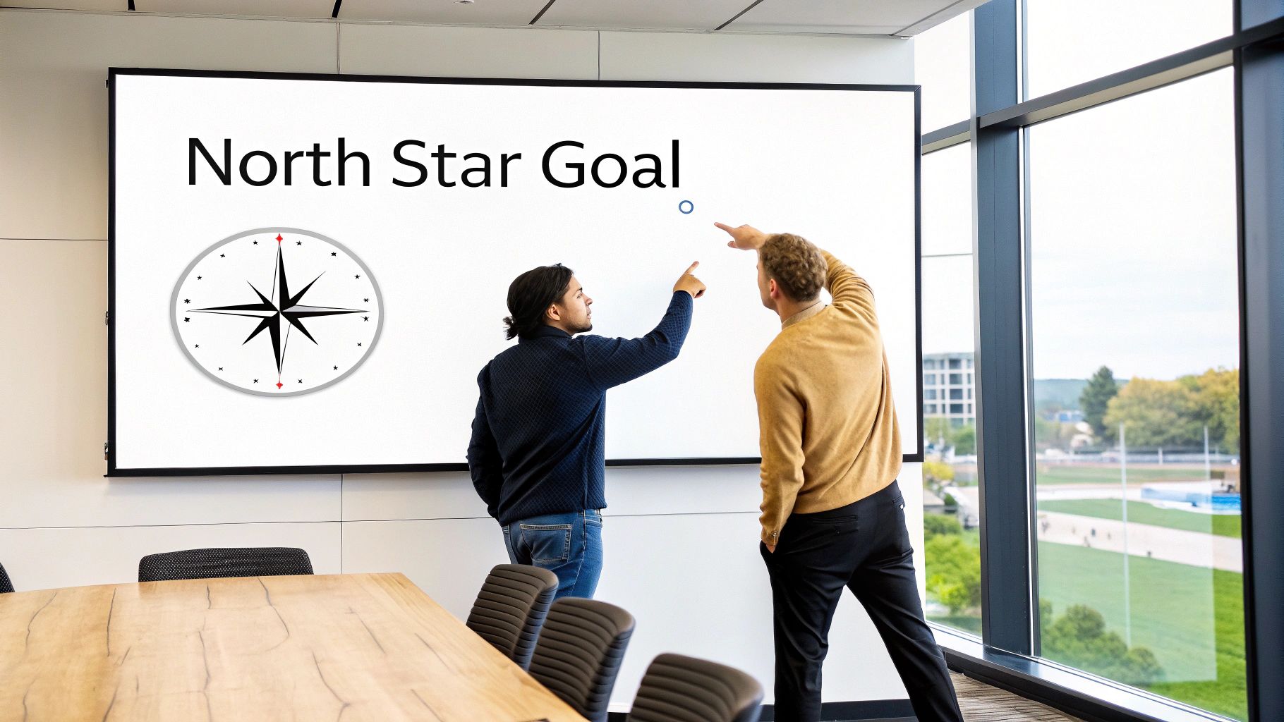 Two men in a modern conference room point at a screen displaying 'North Star Goal' and a compass.