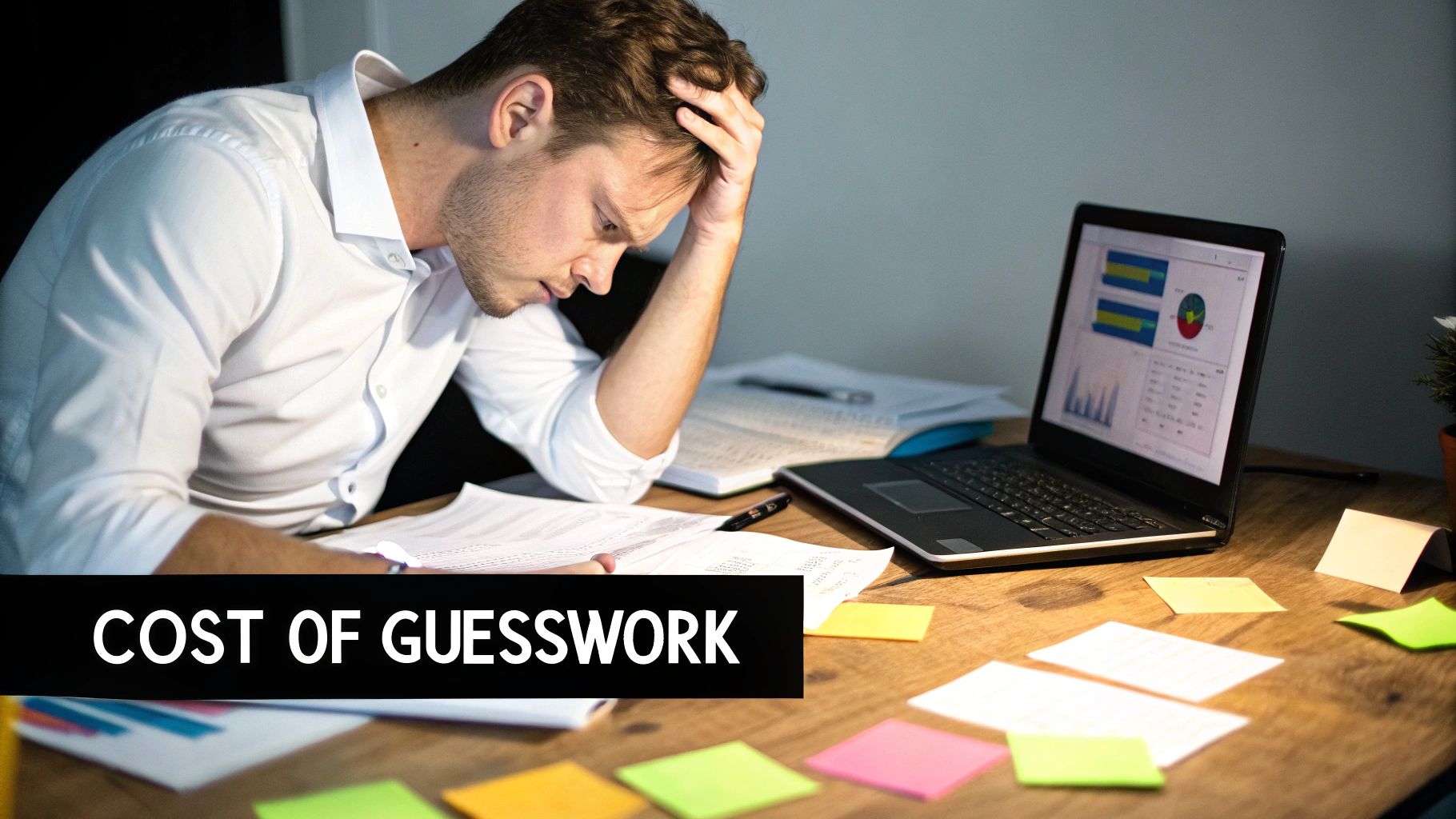 A stressed man at a messy desk with papers and a laptop, illustrating the burden of guesswork.