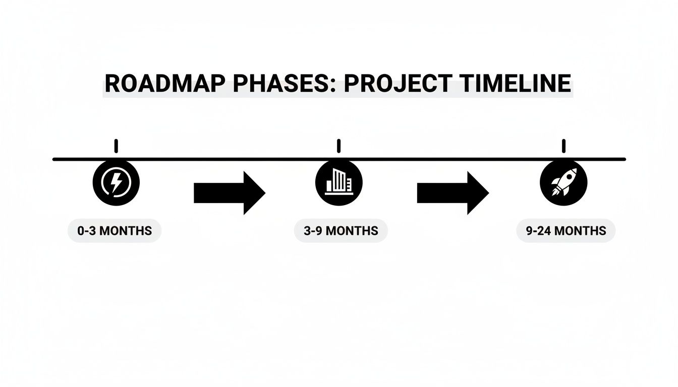 A horizontal project timeline showing three phases: 0-3 months, 3-9 months, and 9-24 months.