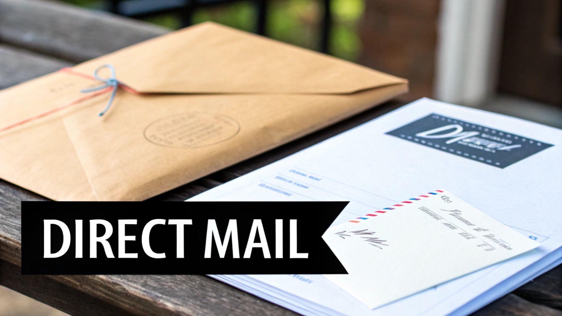 Direct mail marketing materials including a brown envelope and documents on a wooden table.