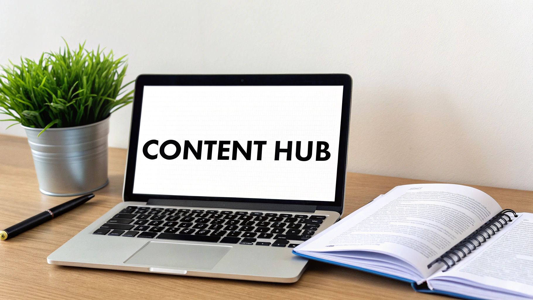 A laptop displaying 'CONTENT HUB' on its screen sits on a wooden desk with a plant, pen, and open book.