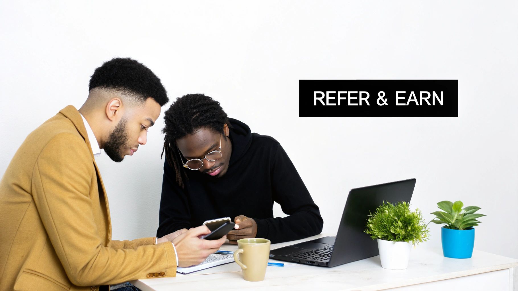 Two men collaborating and looking at a smartphone on a desk with a laptop and plants, under a 'REFER & EARN' sign.