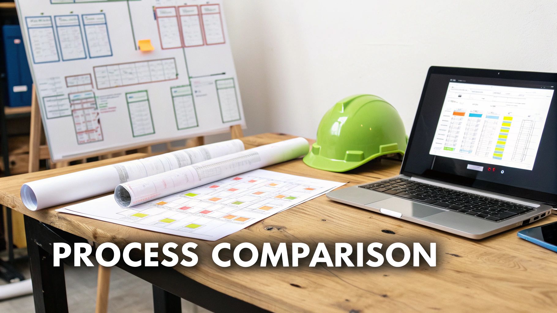 A desk setup featuring blueprints, a green hard hat, a laptop, and a whiteboard with diagrams.