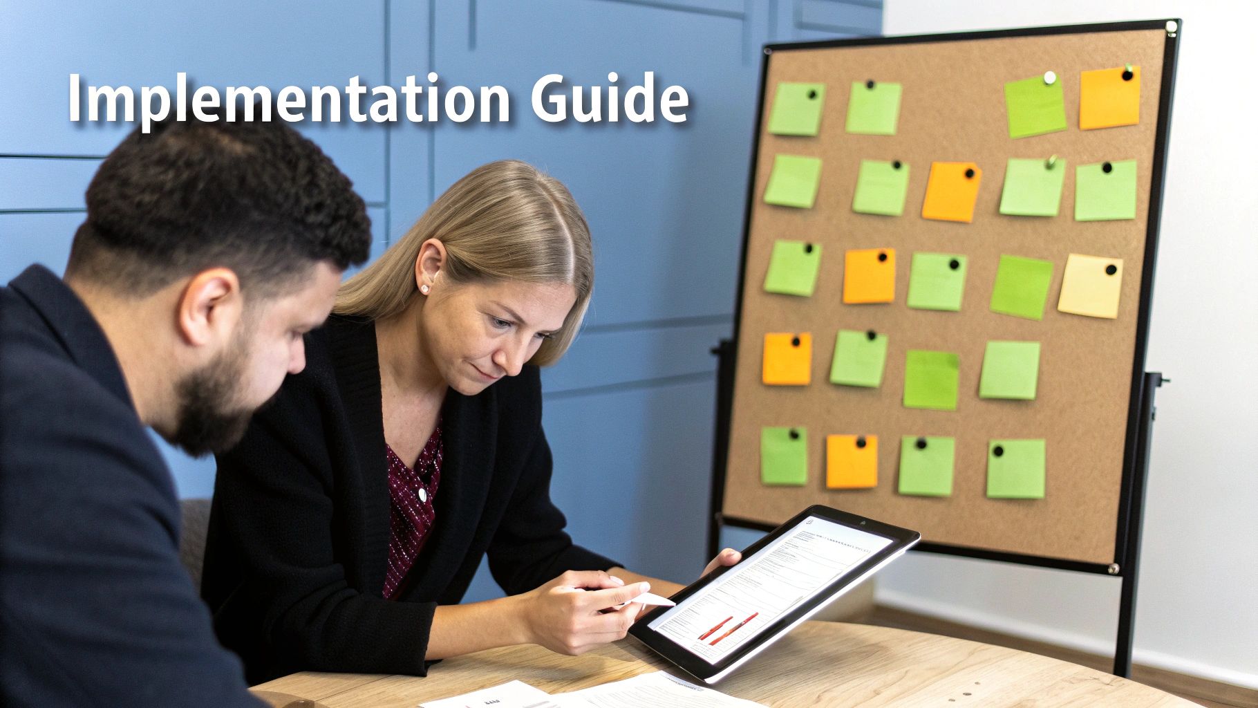 Two professionals review a digital implementation guide on a tablet, with a corkboard of sticky notes.