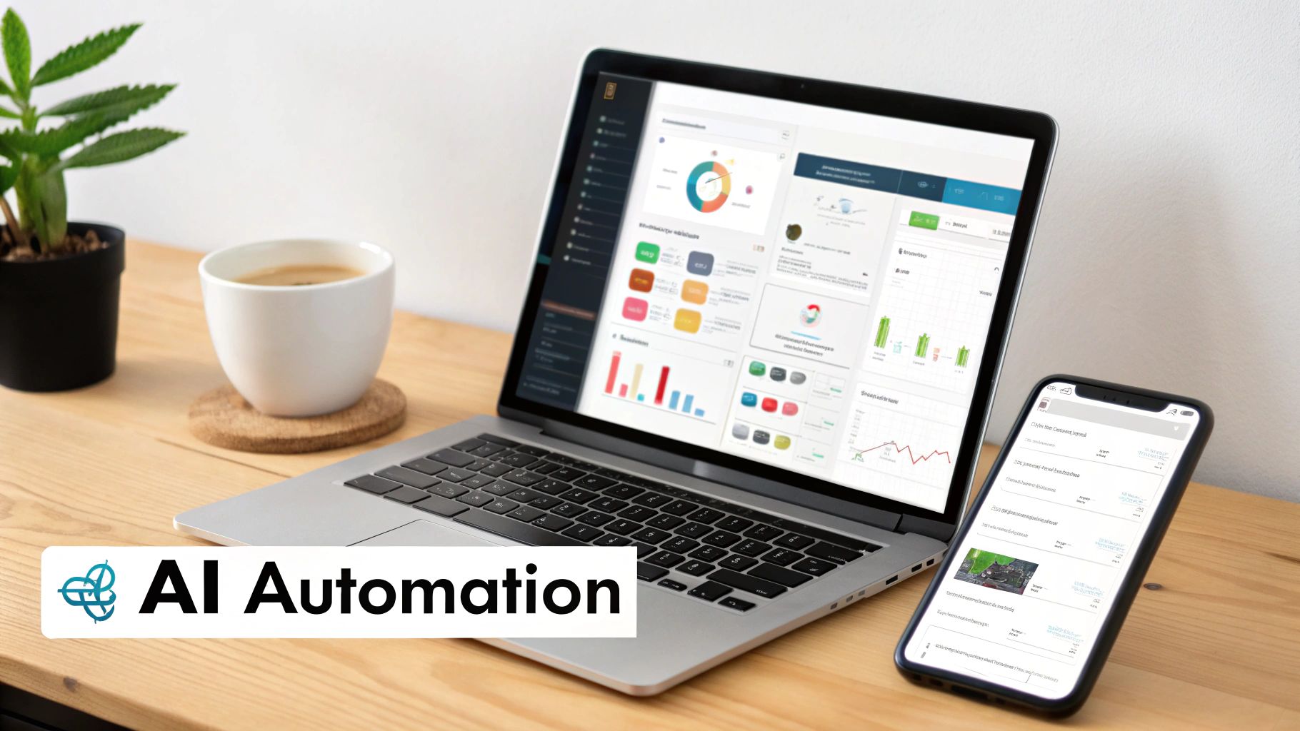 A desk setup with a laptop showing data dashboards, a smartphone, coffee, and a plant, with 'AI Automation' text.
