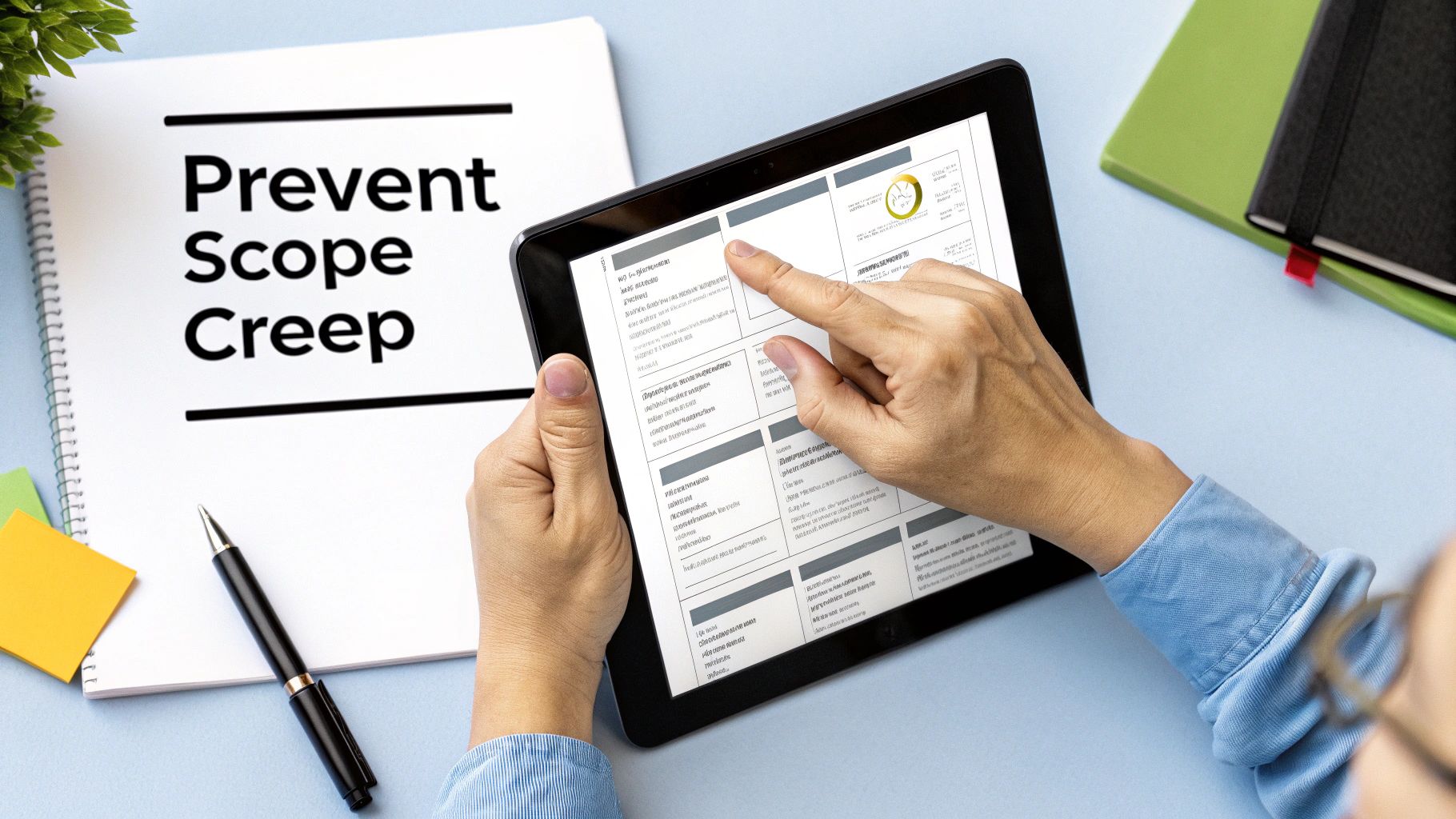 Hands working on a tablet with project data, next to a notebook titled 'Prevent Scope Creep'.