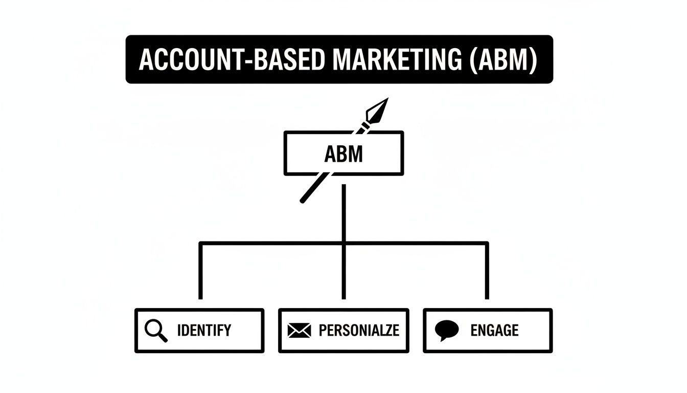 Diagram illustrating the Account-Based Marketing (ABM) process, showing steps: Identify, Personalize, Engage.