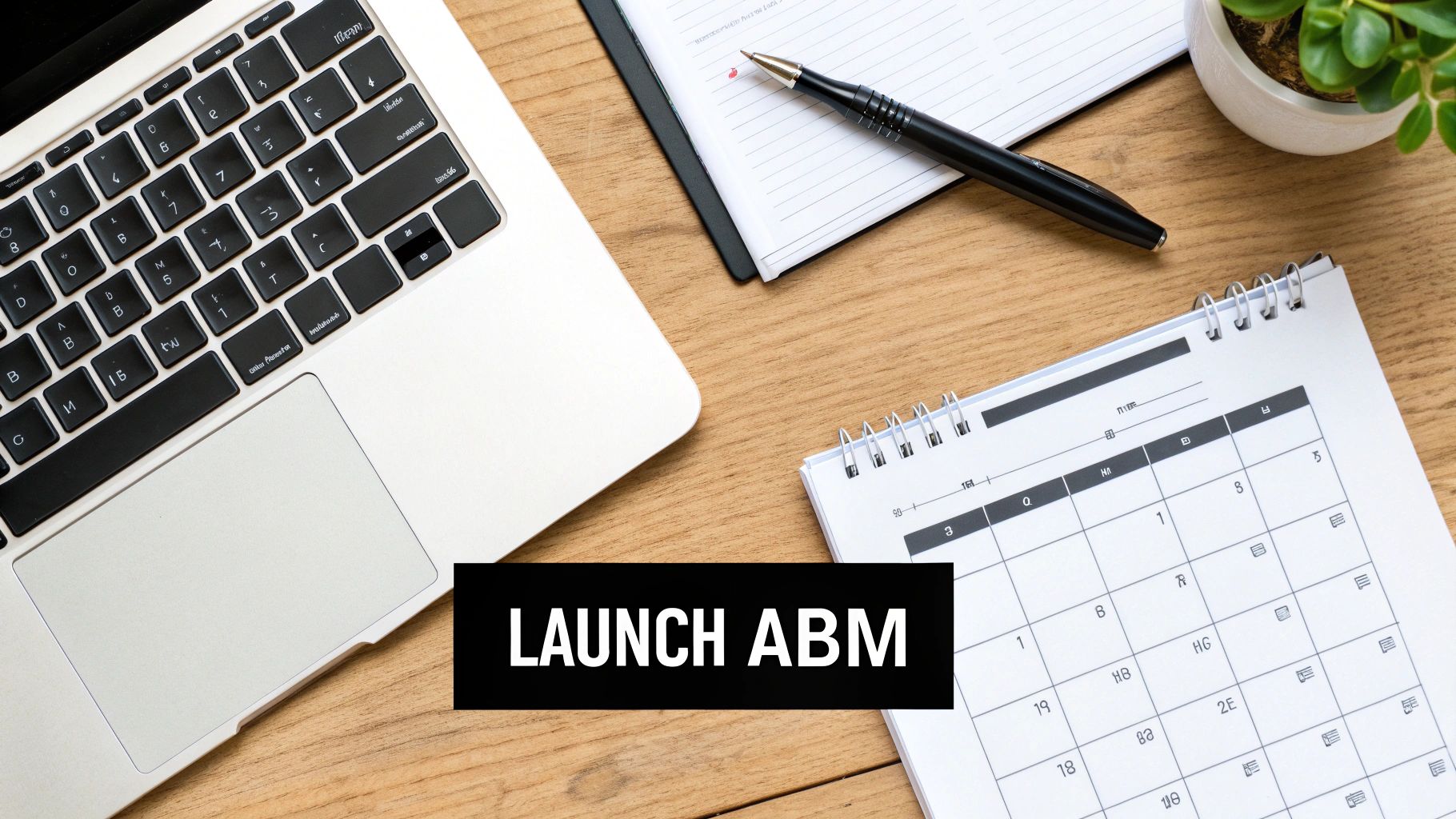 Flat lay of a modern workspace with a laptop, calendar, notebook, and plant on a wooden desk. Text reads 'LAUNCH ABM'.
