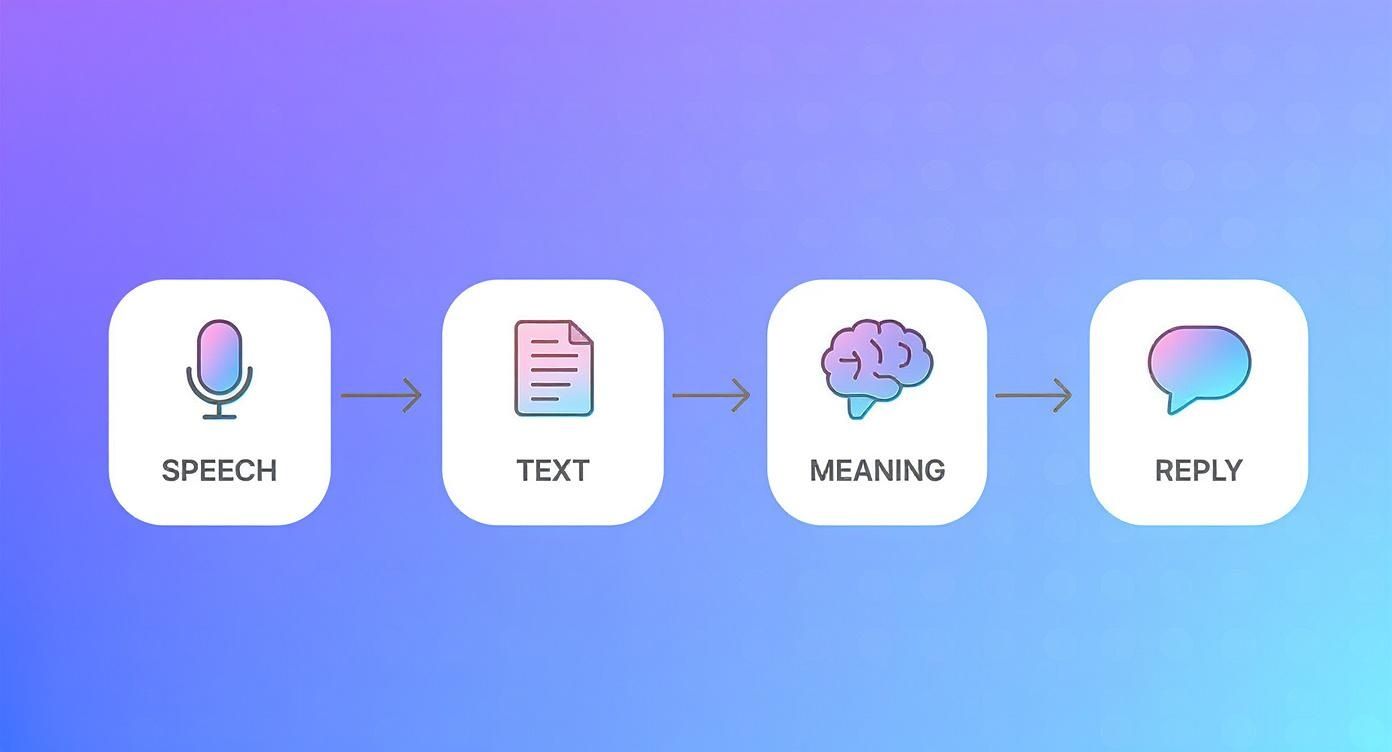 A diagram illustrates the four-step process of an AI voice assistant: Speech, Text, Meaning, Reply.