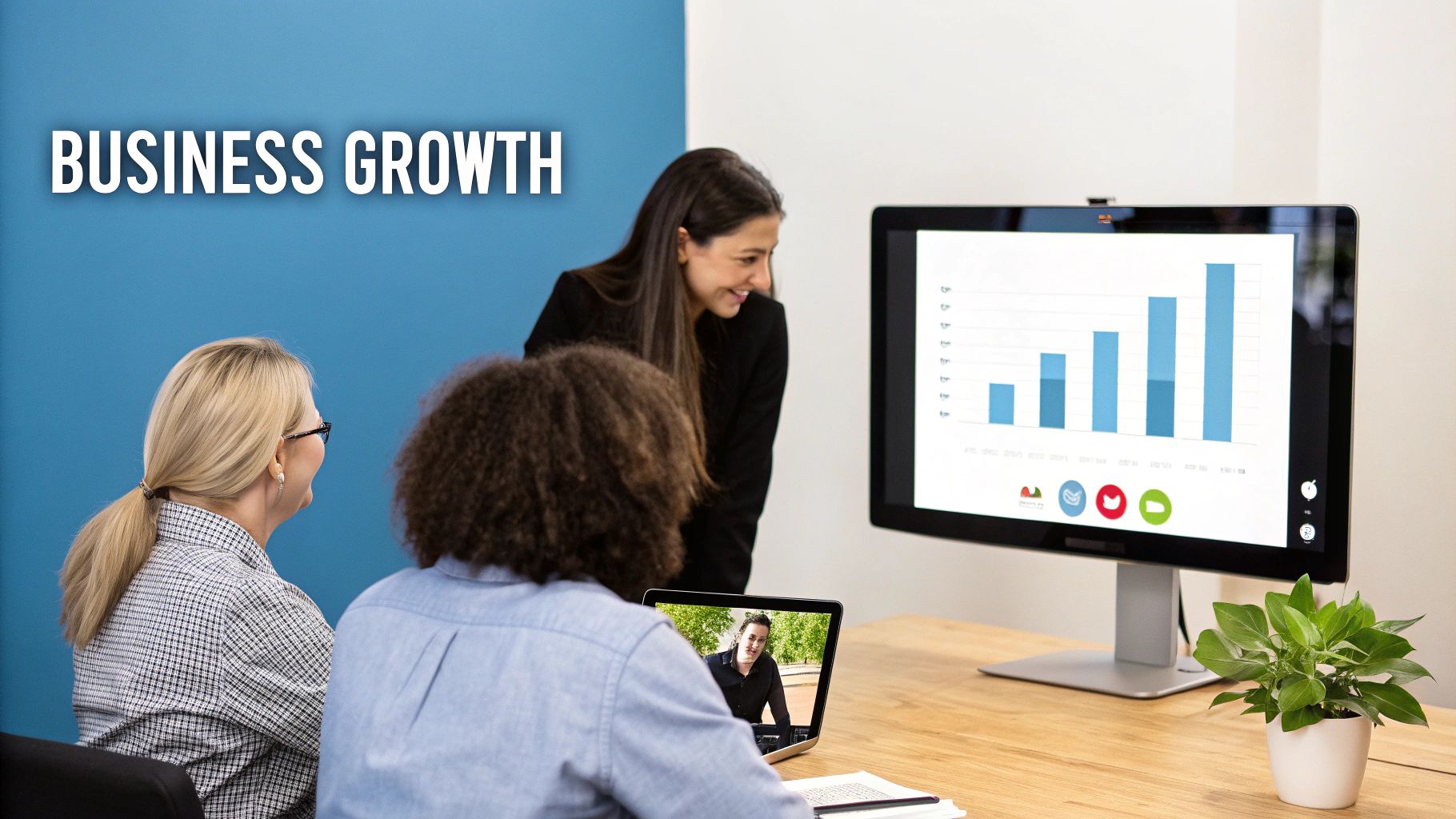 Three diverse colleagues collaborating in a meeting, analyzing business growth data on screens.