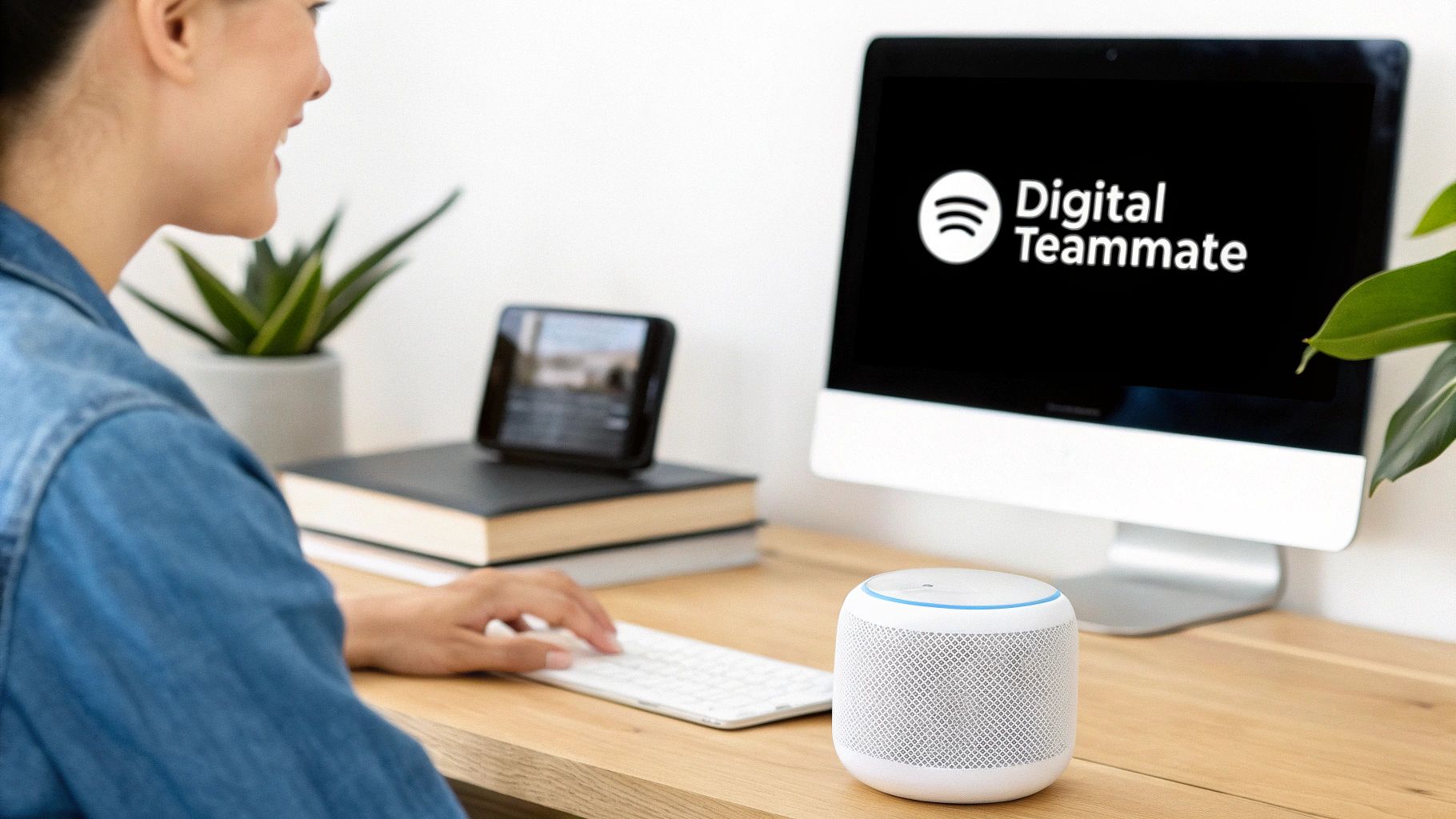 A person uses a computer with 'Digital Teammate' on screen and a smart voice assistant on the desk.