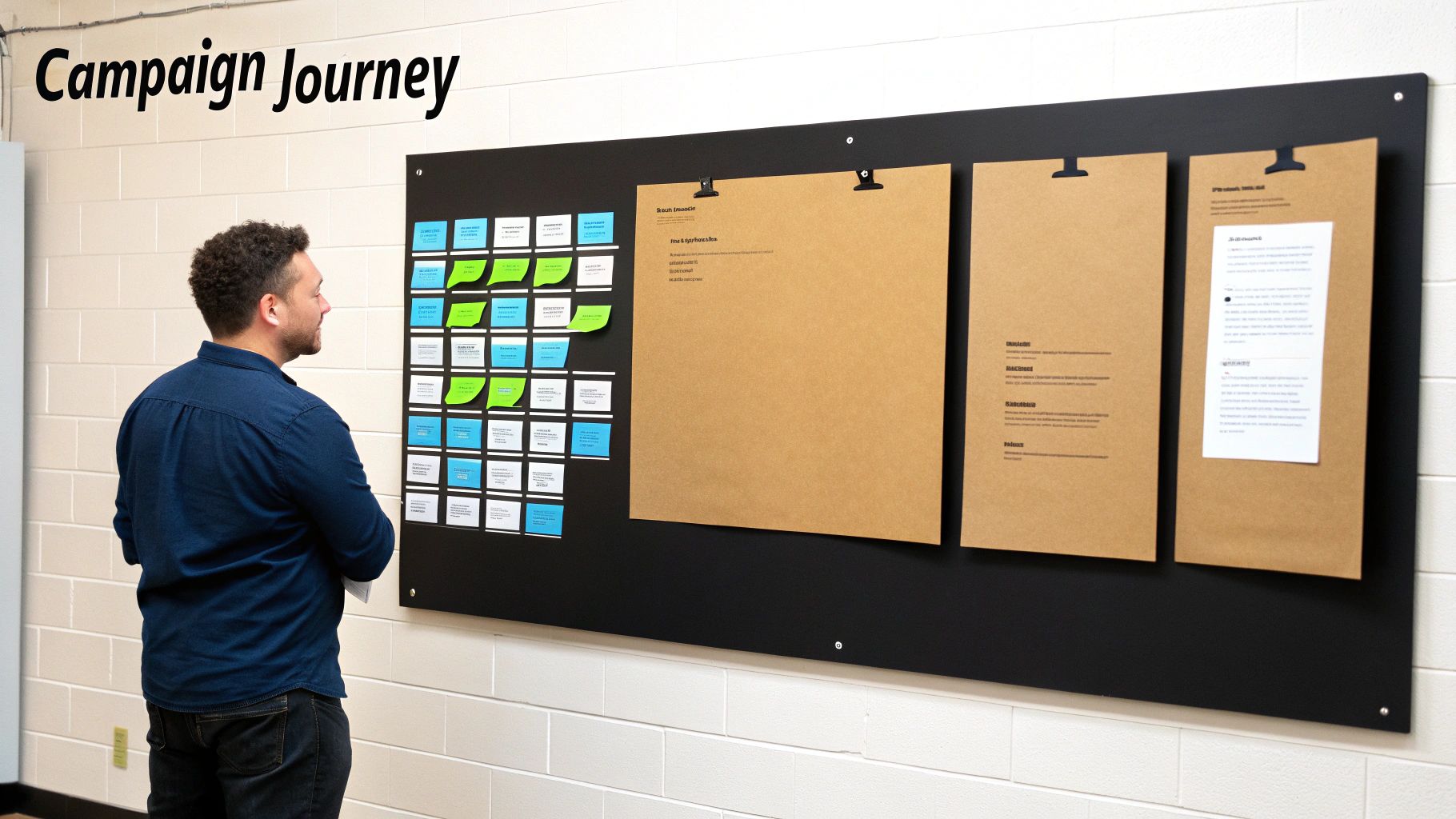 A man examines a "Campaign Journey" board filled with blue and green sticky notes and large brown papers.