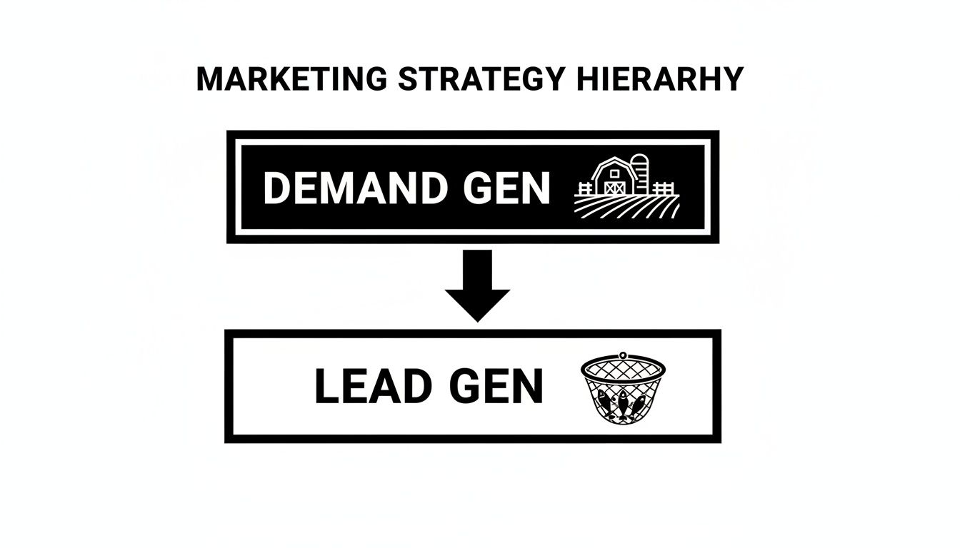 A marketing strategy hierarchy diagram showing demand generation (farm icon) leading to lead generation (fishing net icon).