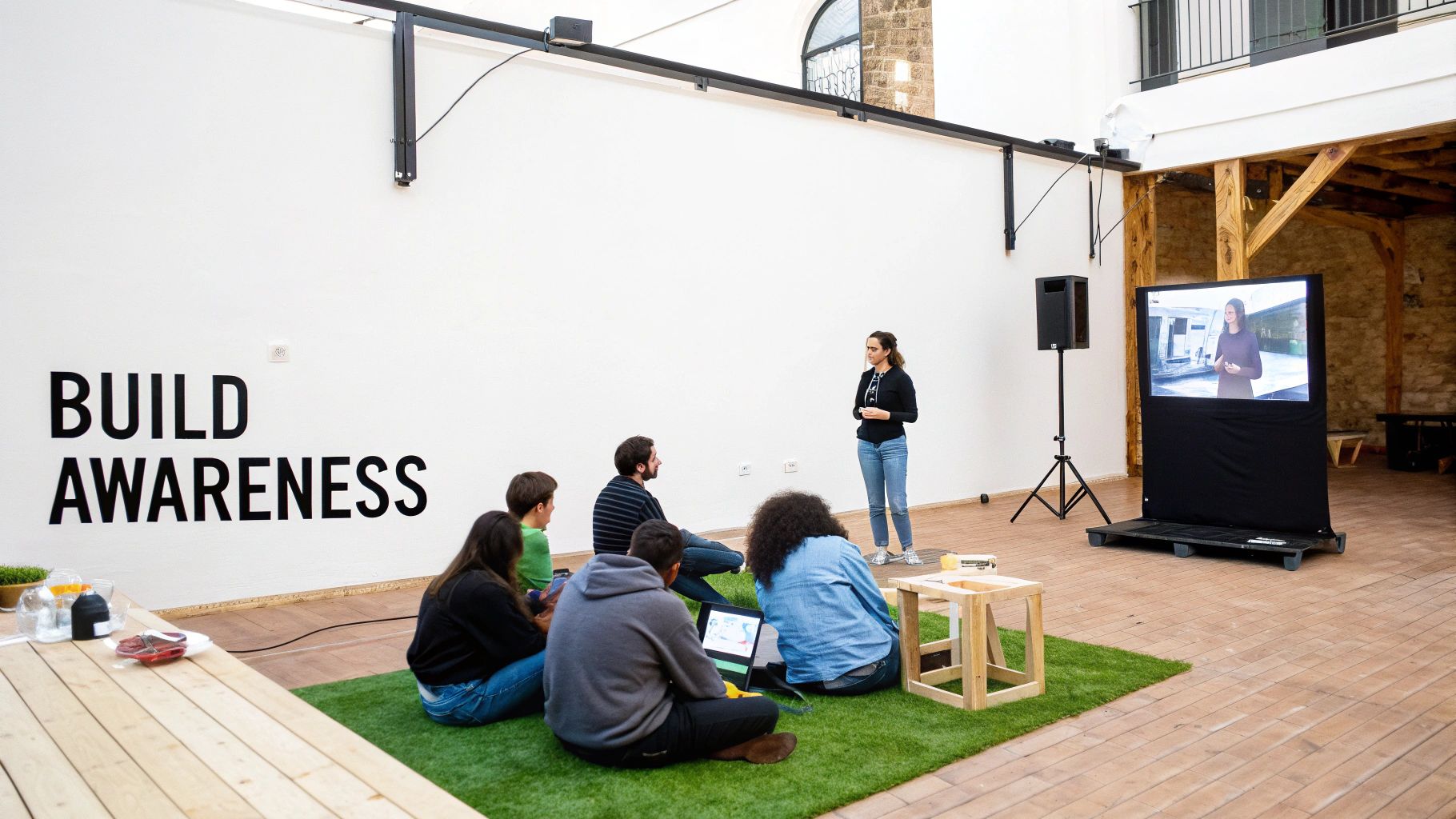 A woman presents to a small group sitting on a green rug, with 'BUILD AWARENESS' on the wall.
