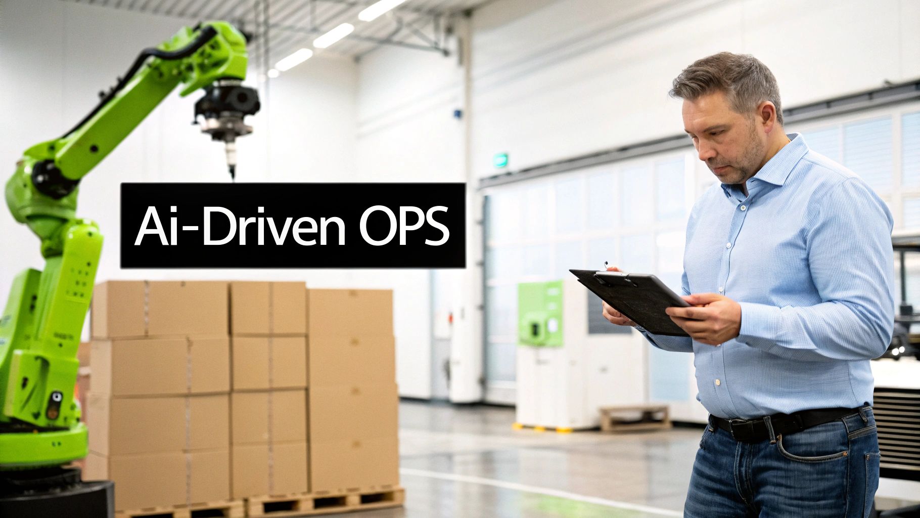 A man in a factory observes a green AI-driven robotic arm and stacked boxes, holding a clipboard.