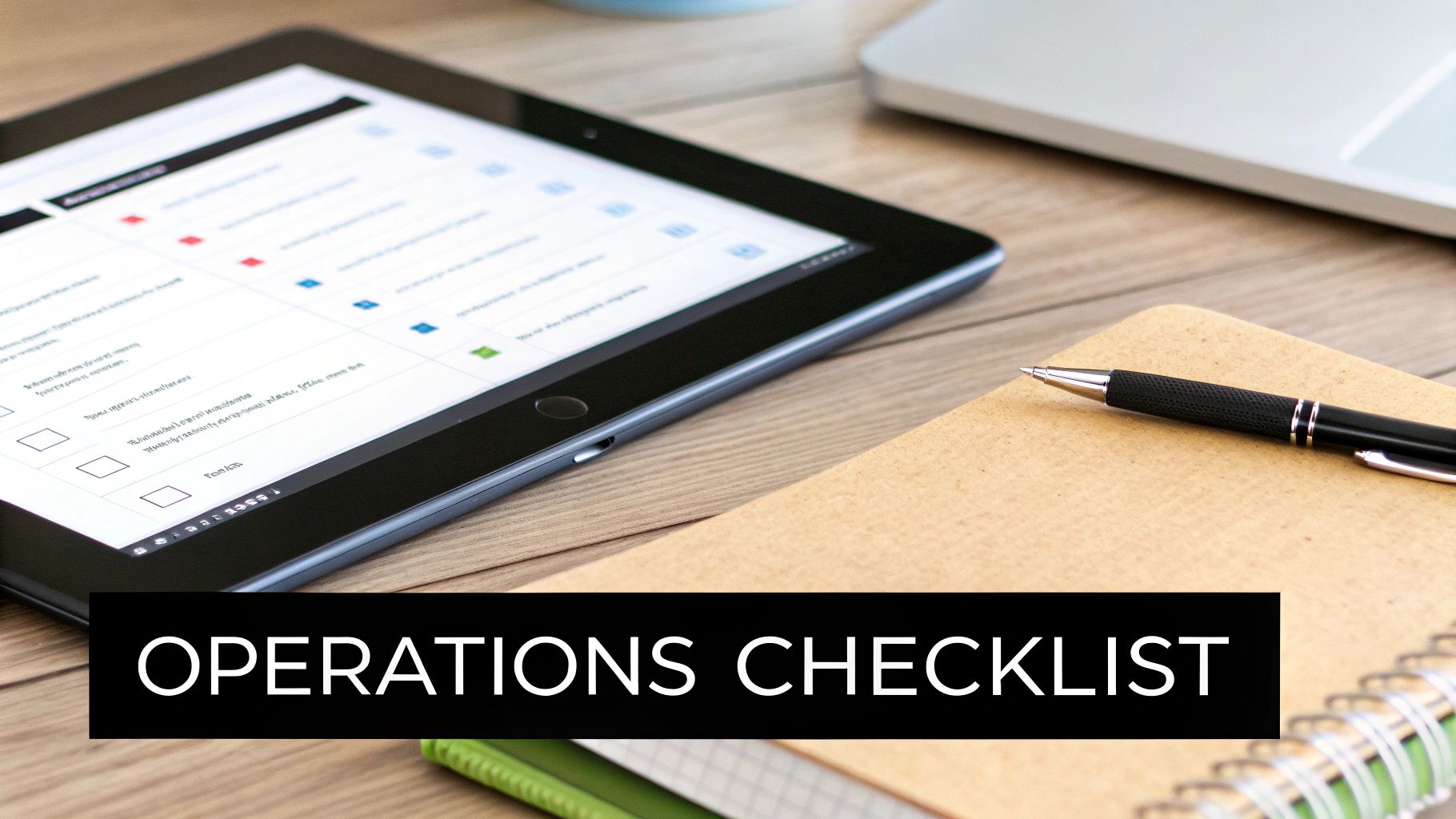 A tablet displays an operations checklist next to a notebook and pen on a wooden desk.