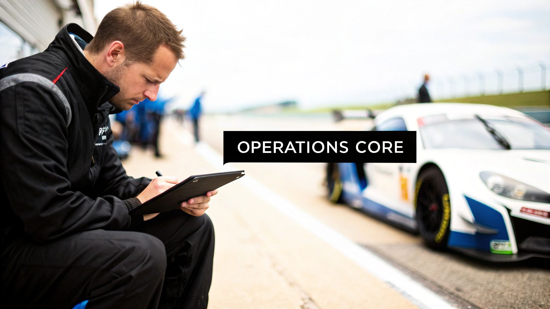 A focused racing crew member uses a tablet to record data on a pit lane next to a race car.