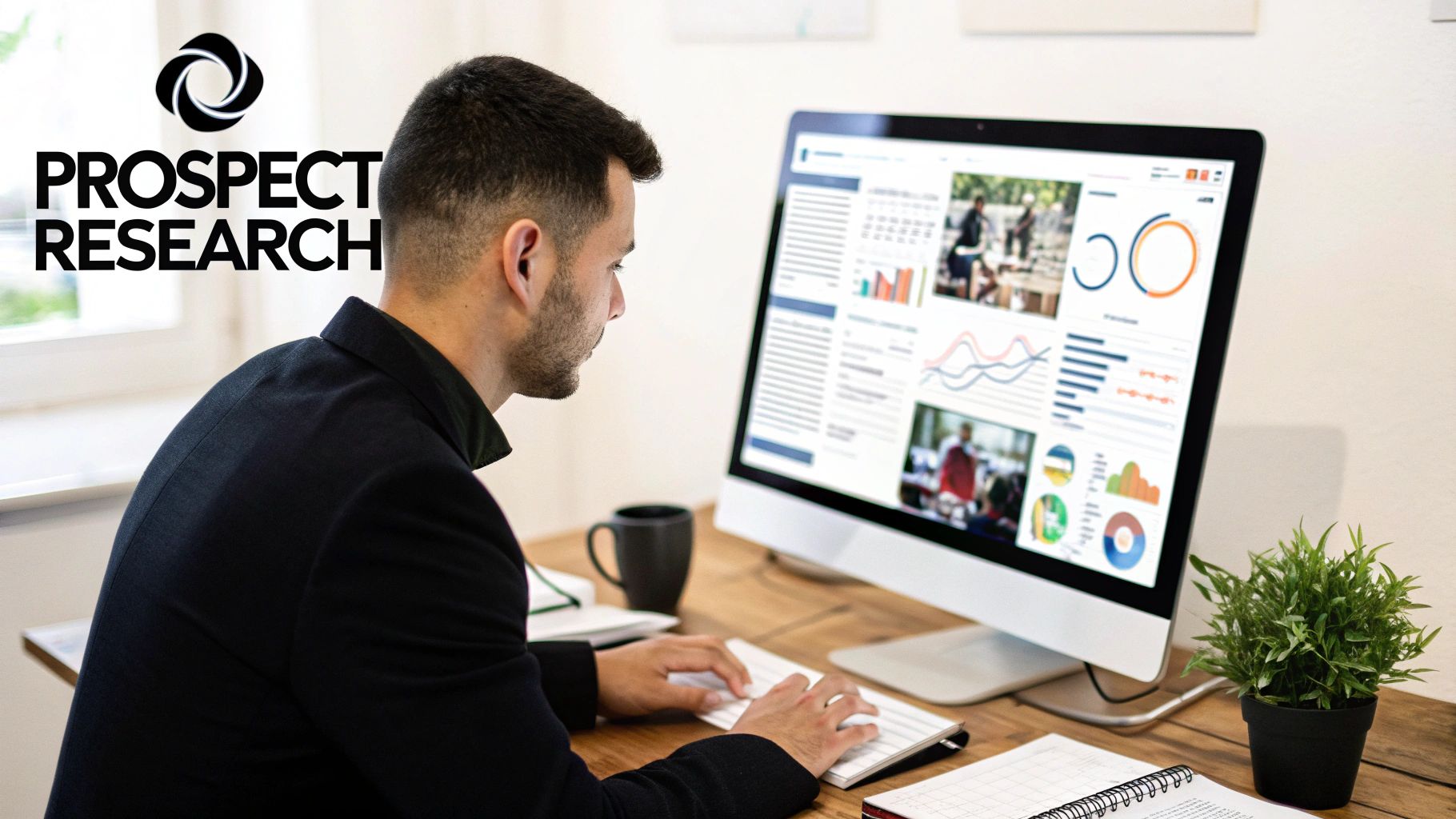 A man in a suit works on a desktop computer displaying data analytics and research charts.