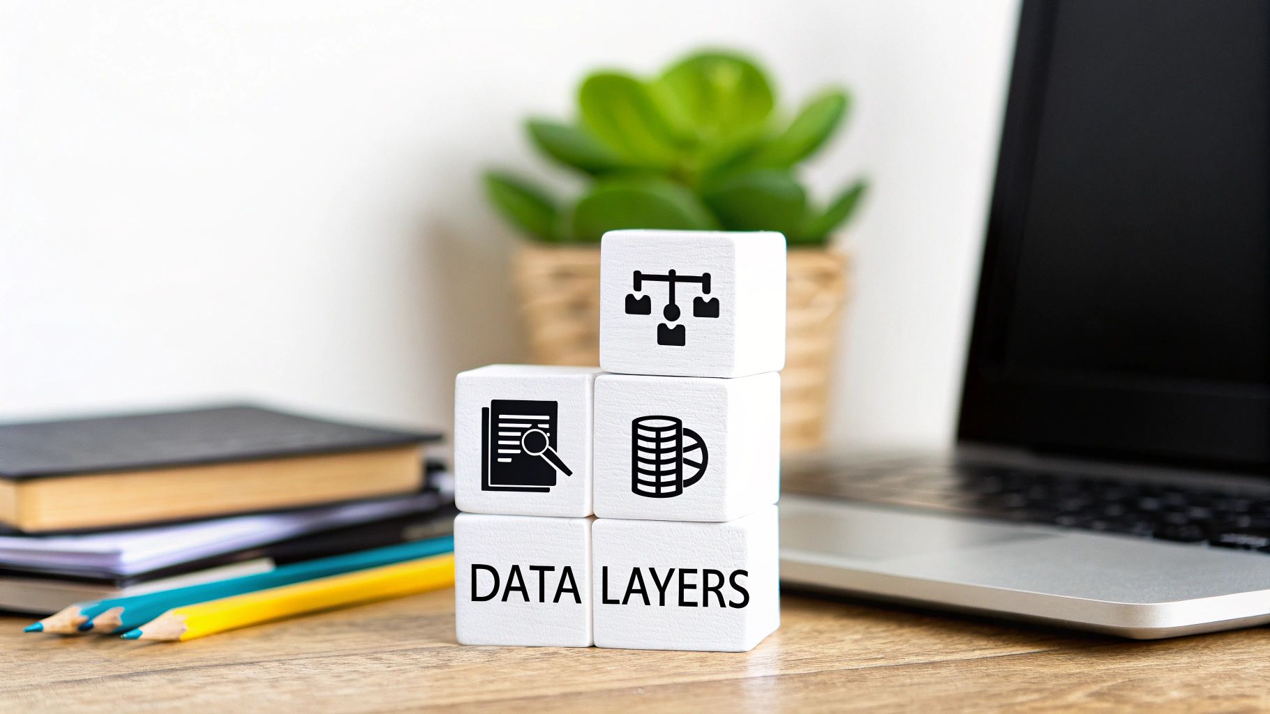 White cubes spelling 'DATA LAYERS' with icons for data analysis, storage, and structure.