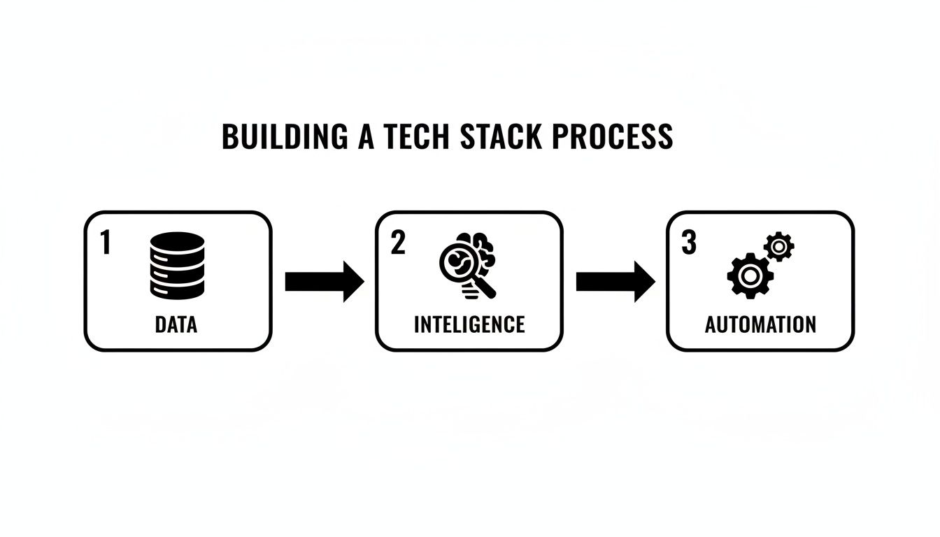 A three-step process diagram for building a tech stack: Data, Intelligence, and Automation, with respective icons.