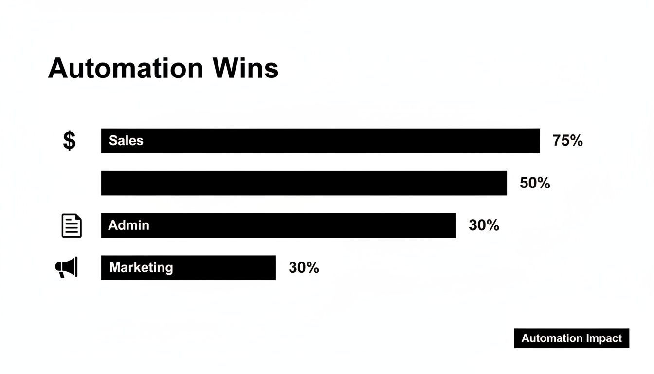 Bar chart showing automation impact: Sales (75%), Admin (30%), and Marketing (30%).
