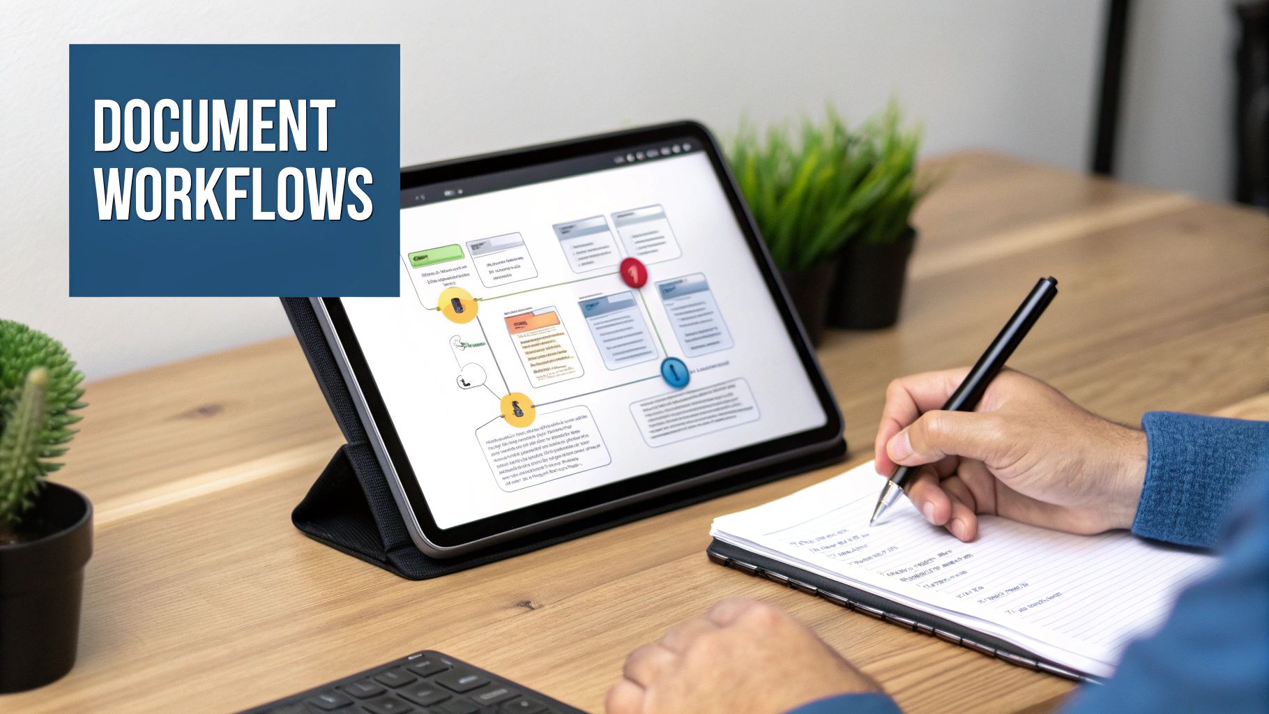A person writing in a notebook next to a tablet displaying a digital document workflow diagram.