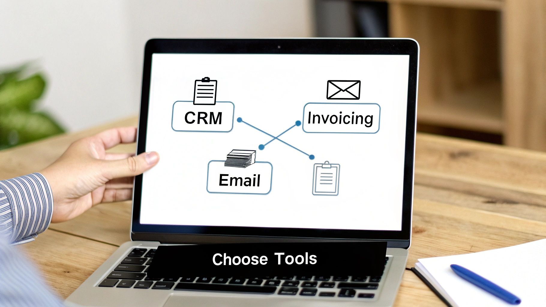 A person views a laptop screen displaying a diagram of connected CRM, Invoicing, and Email tools, with 'Choose Tools' text.