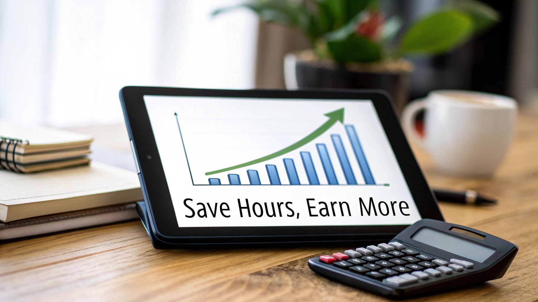 A tablet displays a growing bar graph and the text 'Save Hours, Earn More' on a desk with a calculator.