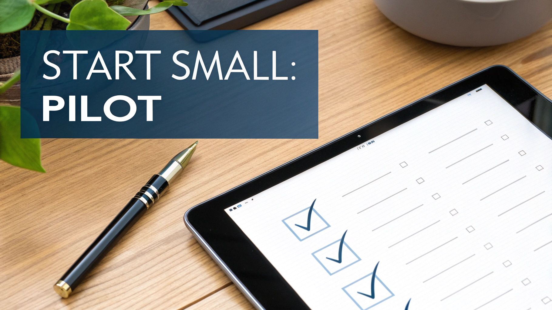 A desk setup with a tablet displaying a checklist with checkmarks and a pen, with text 'START SMALL: PILOT'.