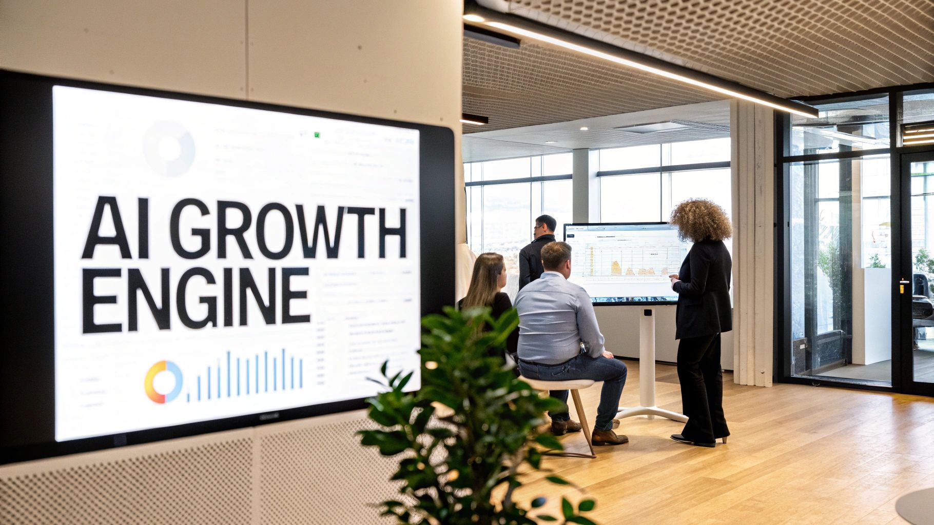 Professionals collaborate in a bright office with large screens displaying "AI GROWTH ENGINE" and data.