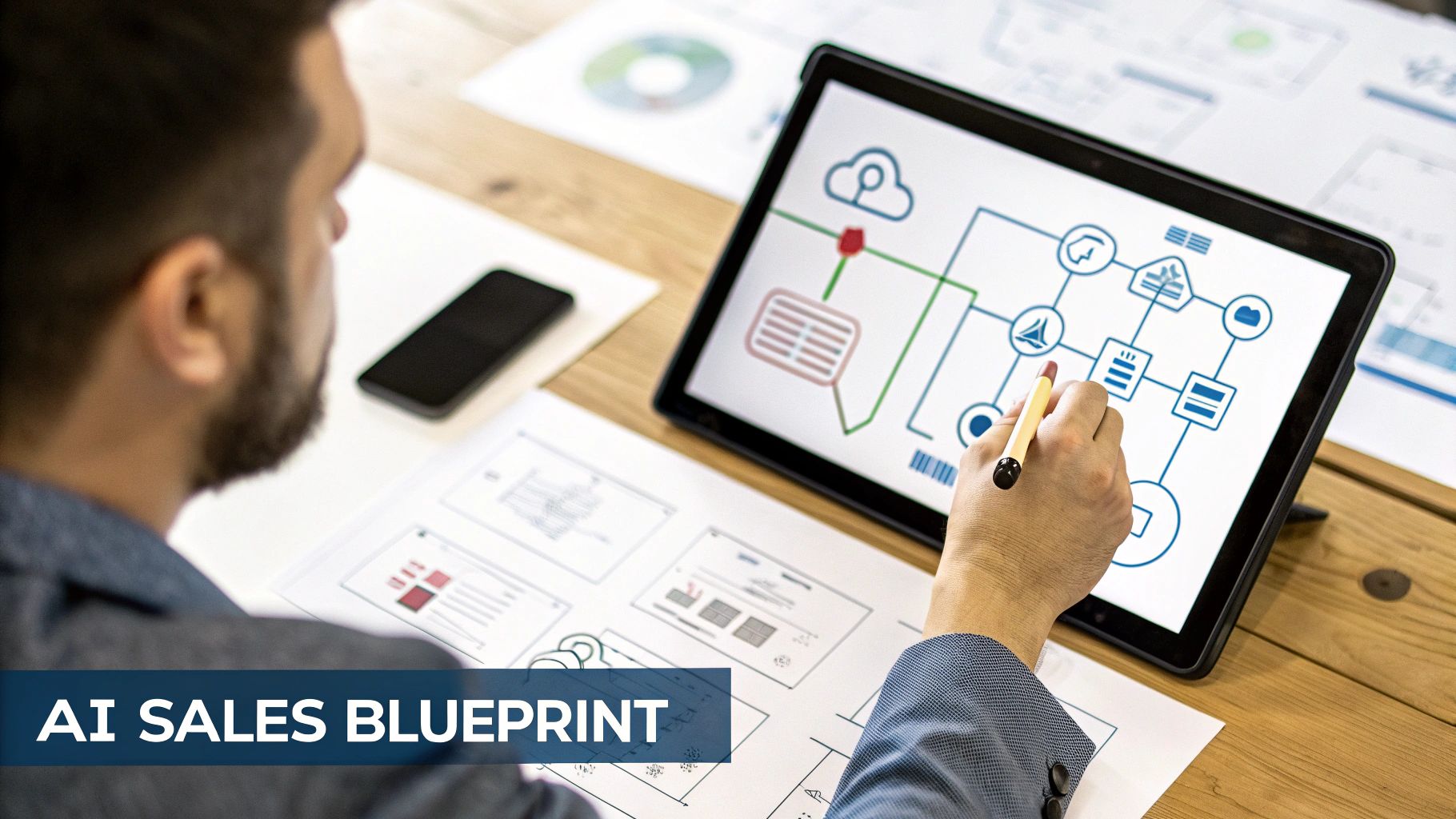 A person uses a stylus on a digital tablet to outline an AI sales blueprint flowchart.