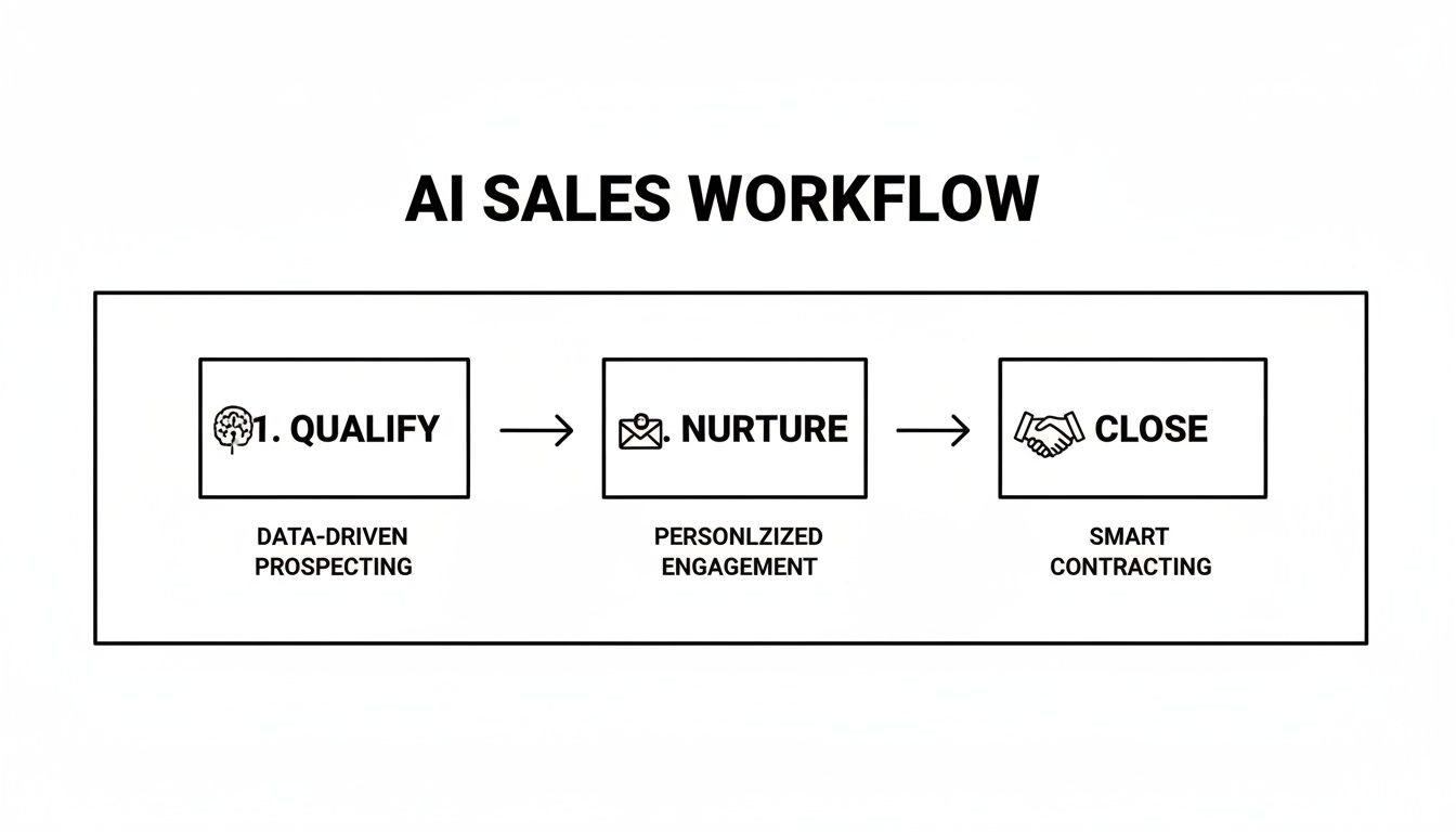 Diagram illustrating the AI sales workflow with three key steps: qualify, nurture, and close.