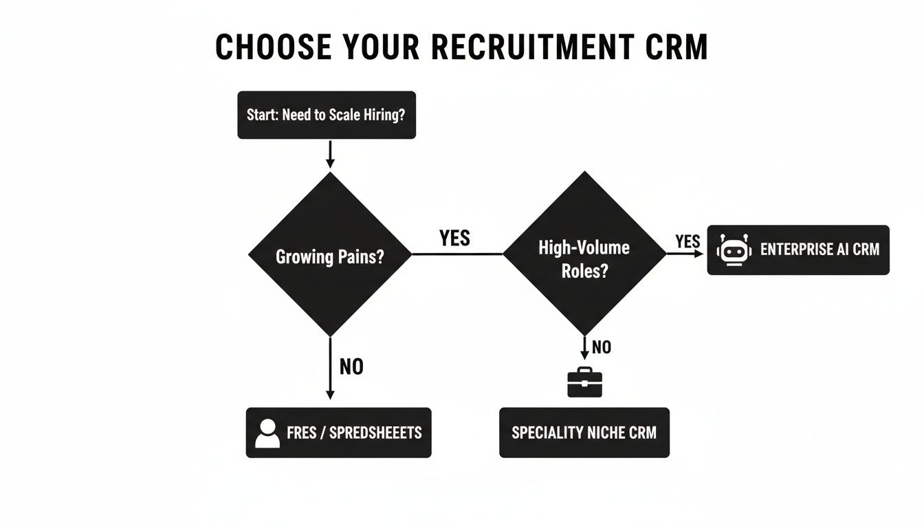 A recruitment CRM decision flowchart guides users to choose between spreadsheets, specialty, or enterprise AI CRM.