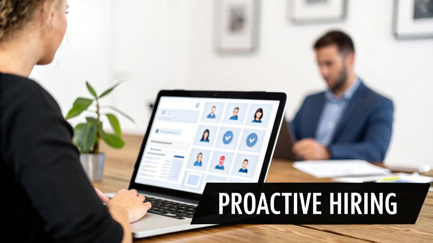 A person uses a laptop displaying candidate profiles for proactive hiring and recruitment.