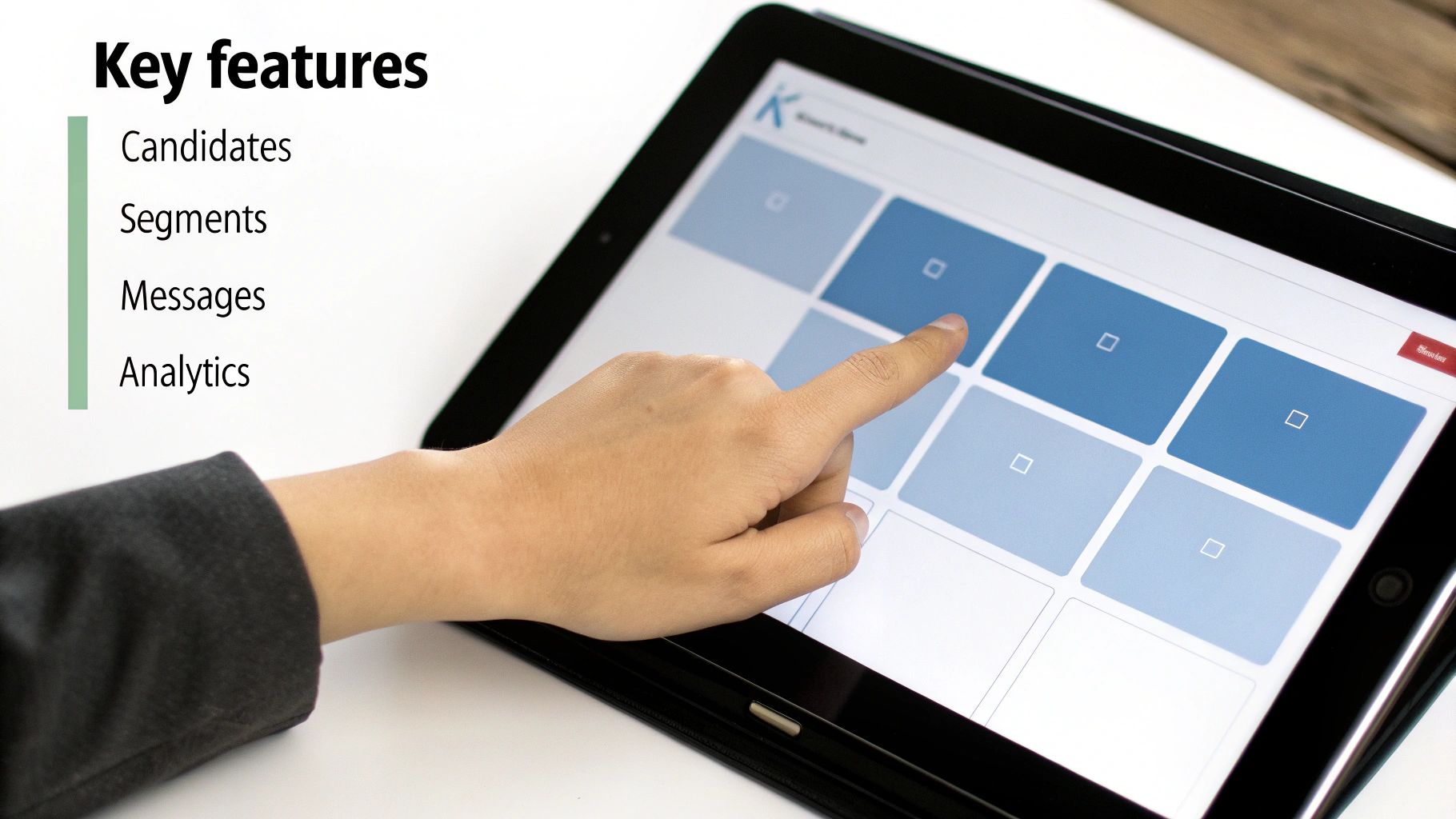 A hand interacts with a tablet showing key features for recruitment software: candidates, segments, messages, and analytics.
