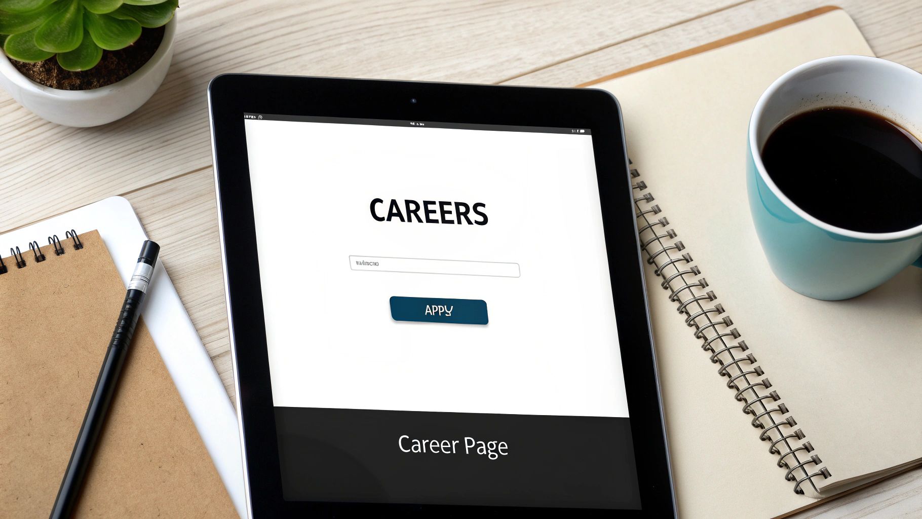 Digital career application process on a tablet, next to a notepad and coffee cup on a wooden desk.
