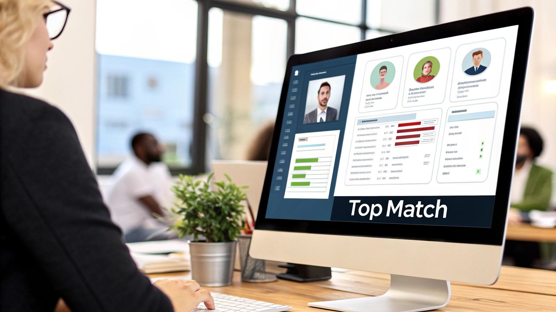 A recruiter reviews candidate profiles and data on a computer screen, identifying top matches.