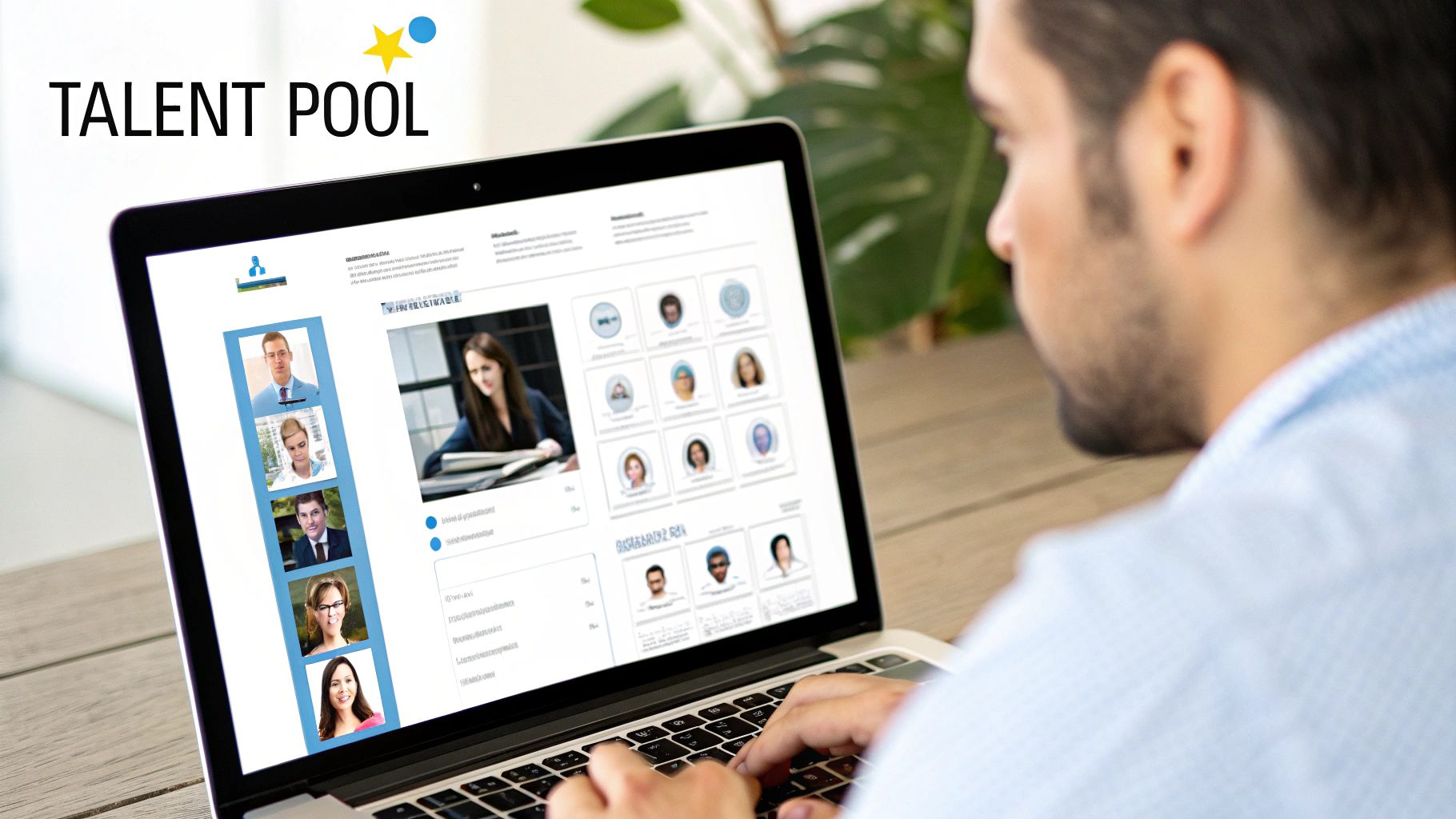 Man browsing a talent pool website on a laptop, displaying various candidate profiles.