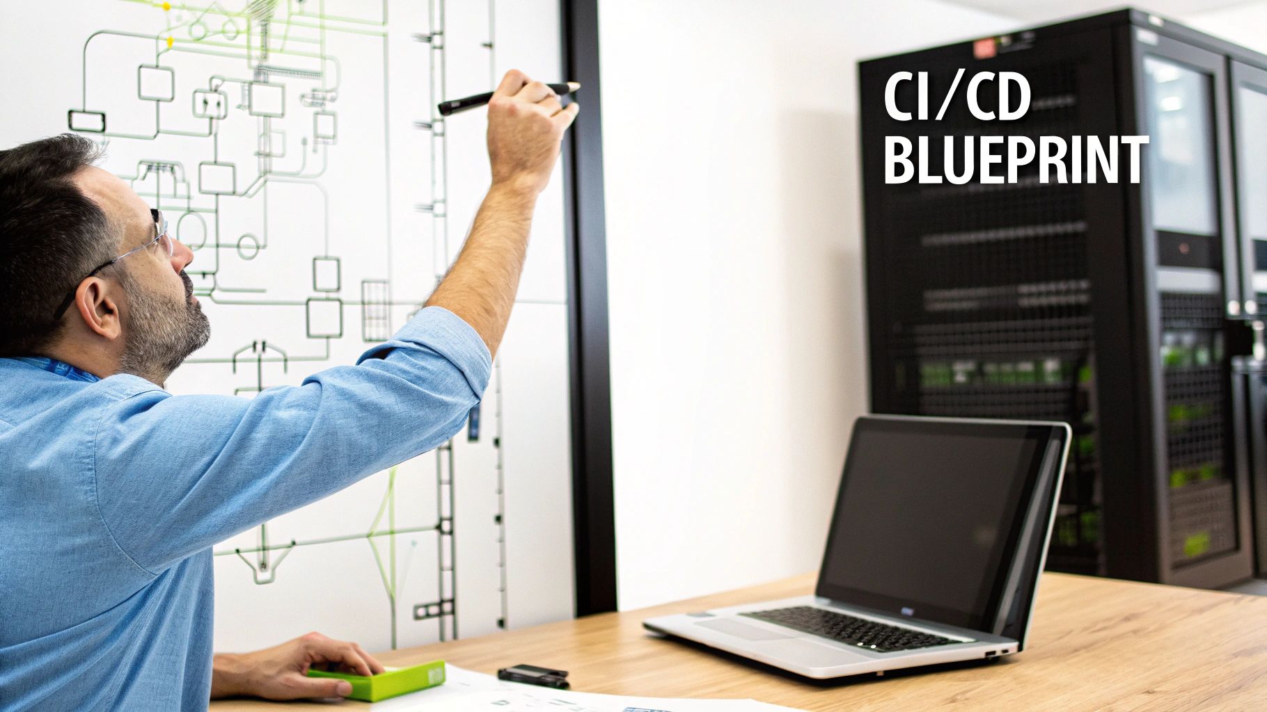 A man draws a CI/CD blueprint diagram on a whiteboard, with a laptop and server racks in the background.