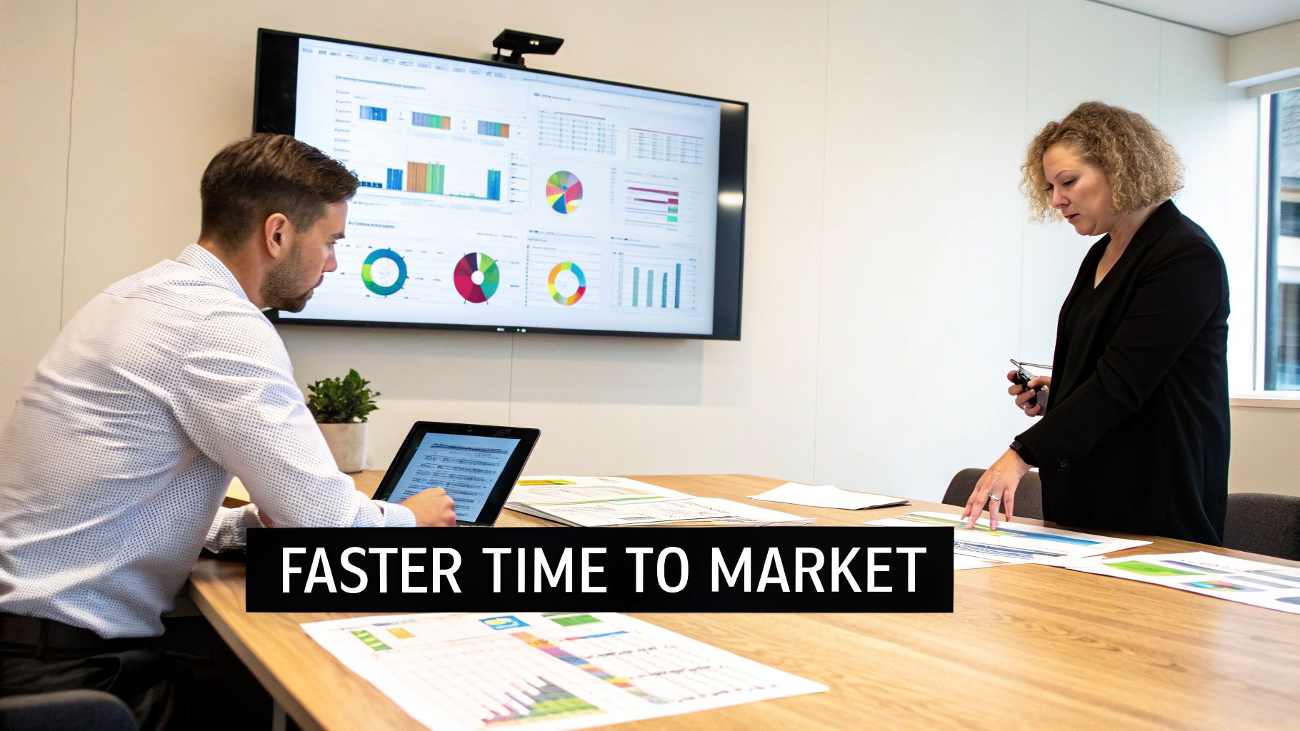 Business meeting with two people analyzing data visualizations on a large screen and tablet.