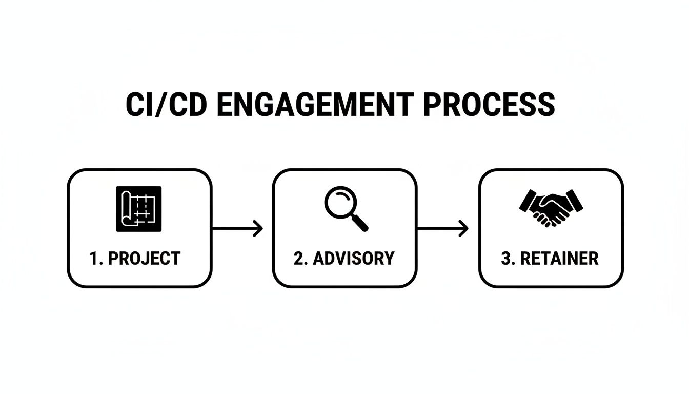 A CI/CD engagement process flowchart illustrating three steps: project, advisory, and retainer.
