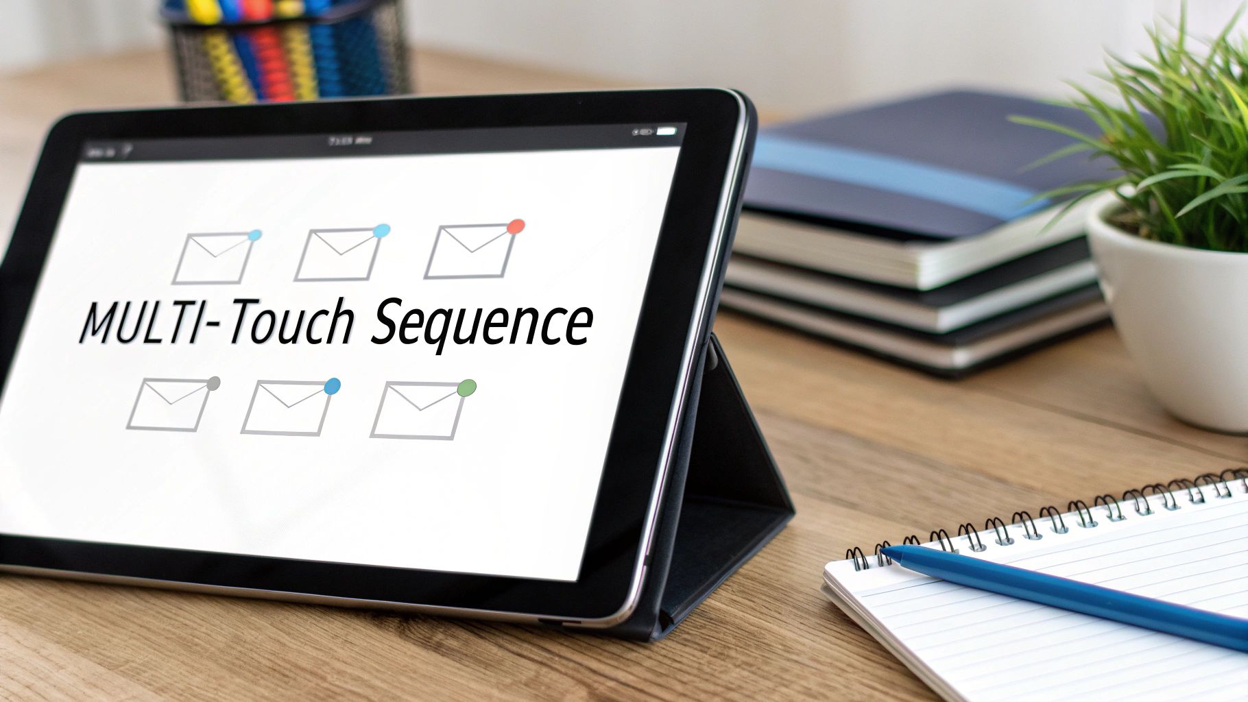 A tablet on a wooden desk displays 'MULTI-Touch Sequence' with email icons and colorful dots.