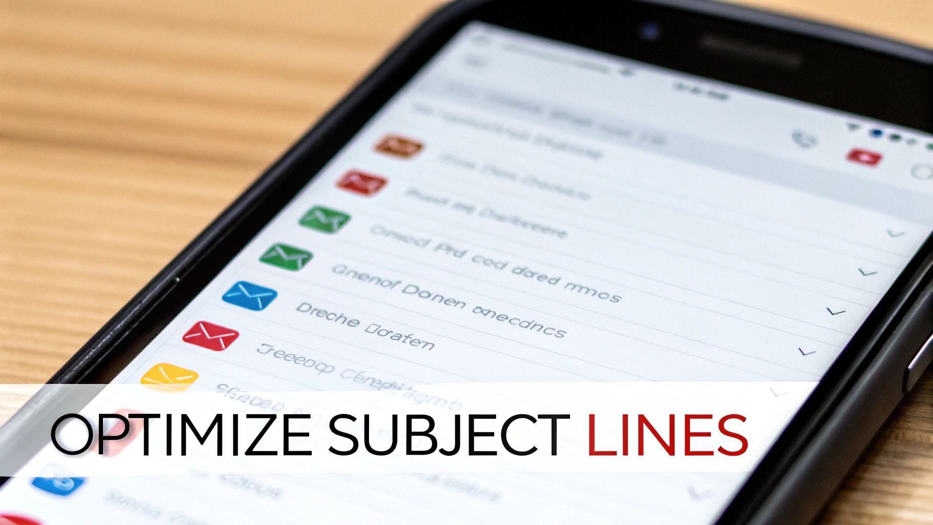 Close-up of a smartphone displaying an email inbox, with text 'OPTIMIZE SUBJECT LINES' highlighted.