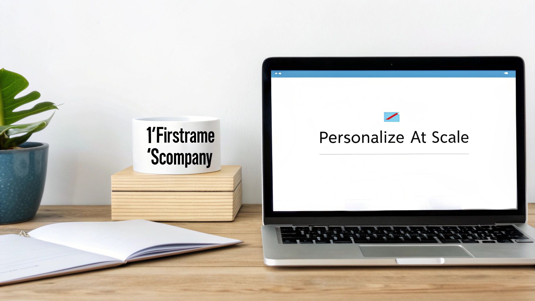 A laptop on a wooden desk displays 'Personalize At Scale' next to a mug with '1'Firstrame 'Scompany' and a plant.