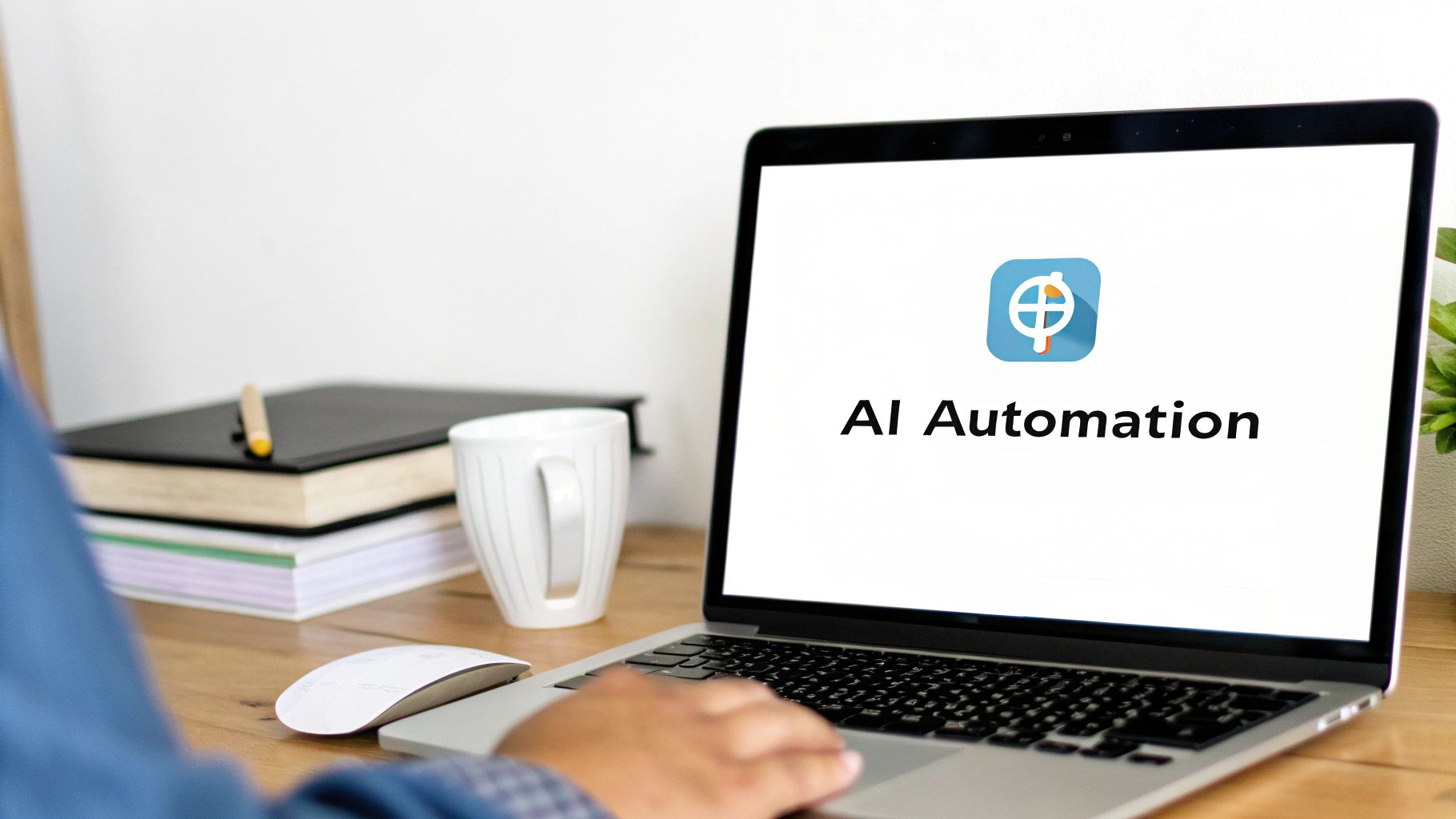 Person working on a laptop displaying 'AI Automation' with an icon on a wooden desk.