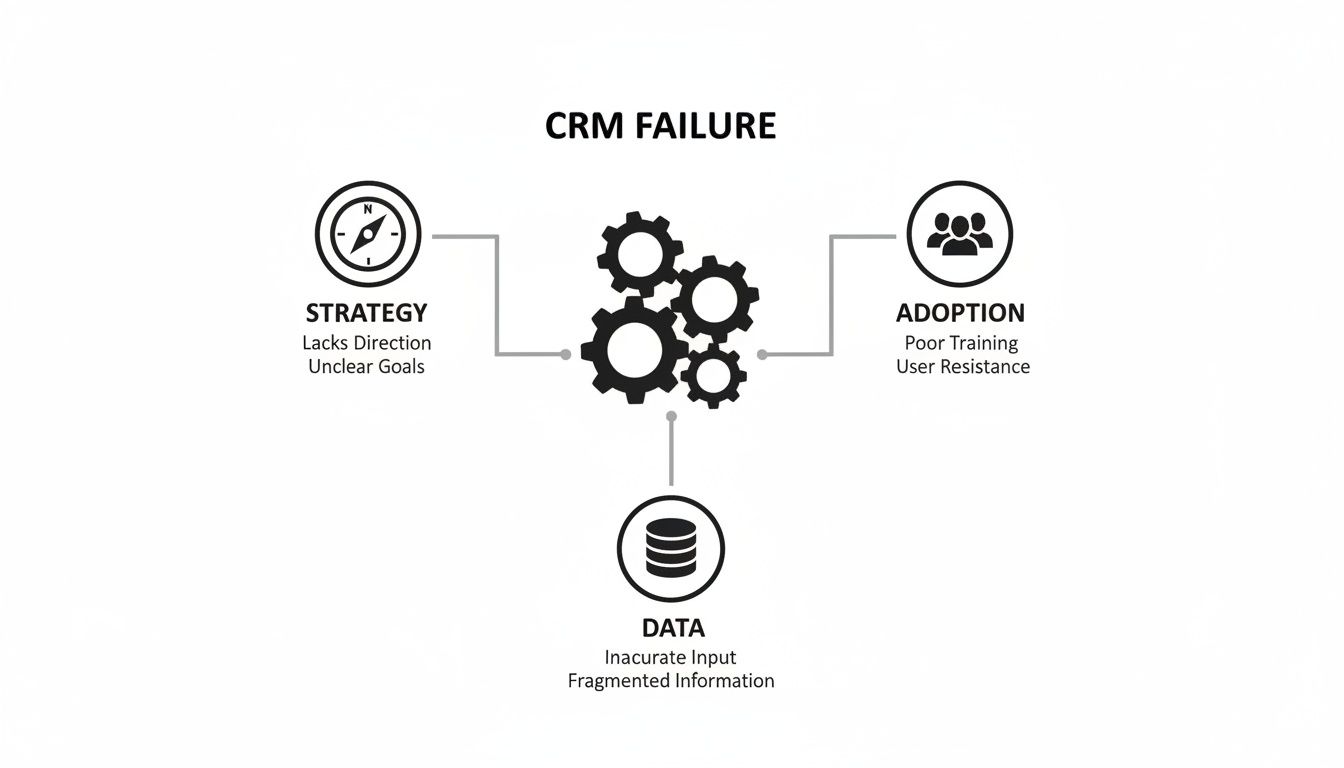 A diagram illustrating the causes of CRM failure: Strategy, Adoption, and Data, connected by gears.