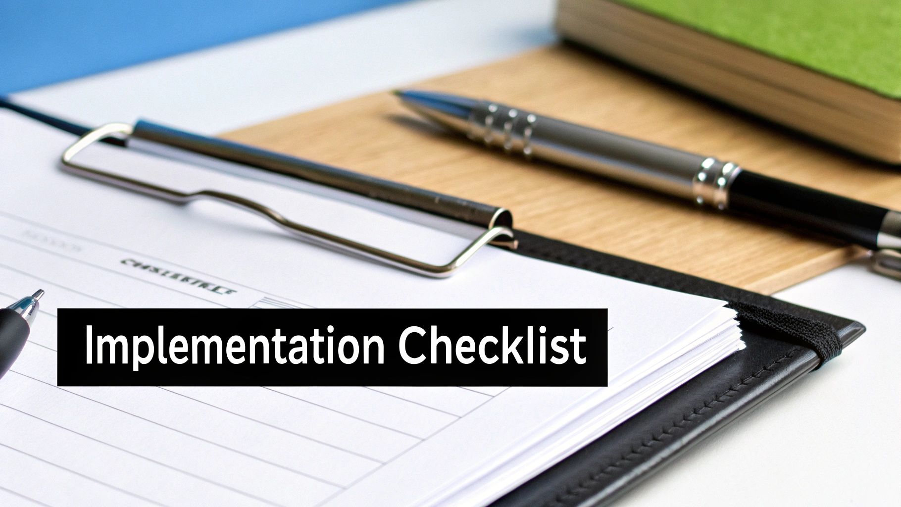 A clipboard with a pen, a notebook, and papers displaying 'Implementation Checklist' text.