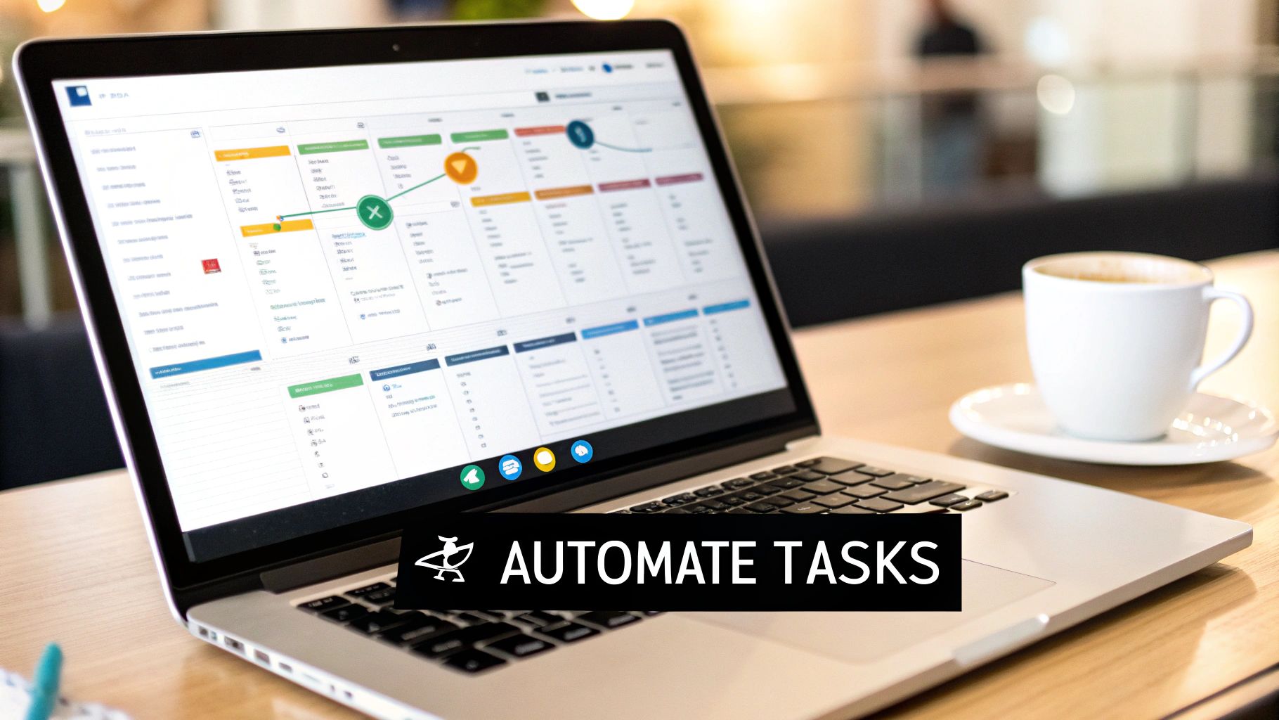 A laptop displays a project management interface with a workflow diagram next to a coffee cup, emphasizing task automation.