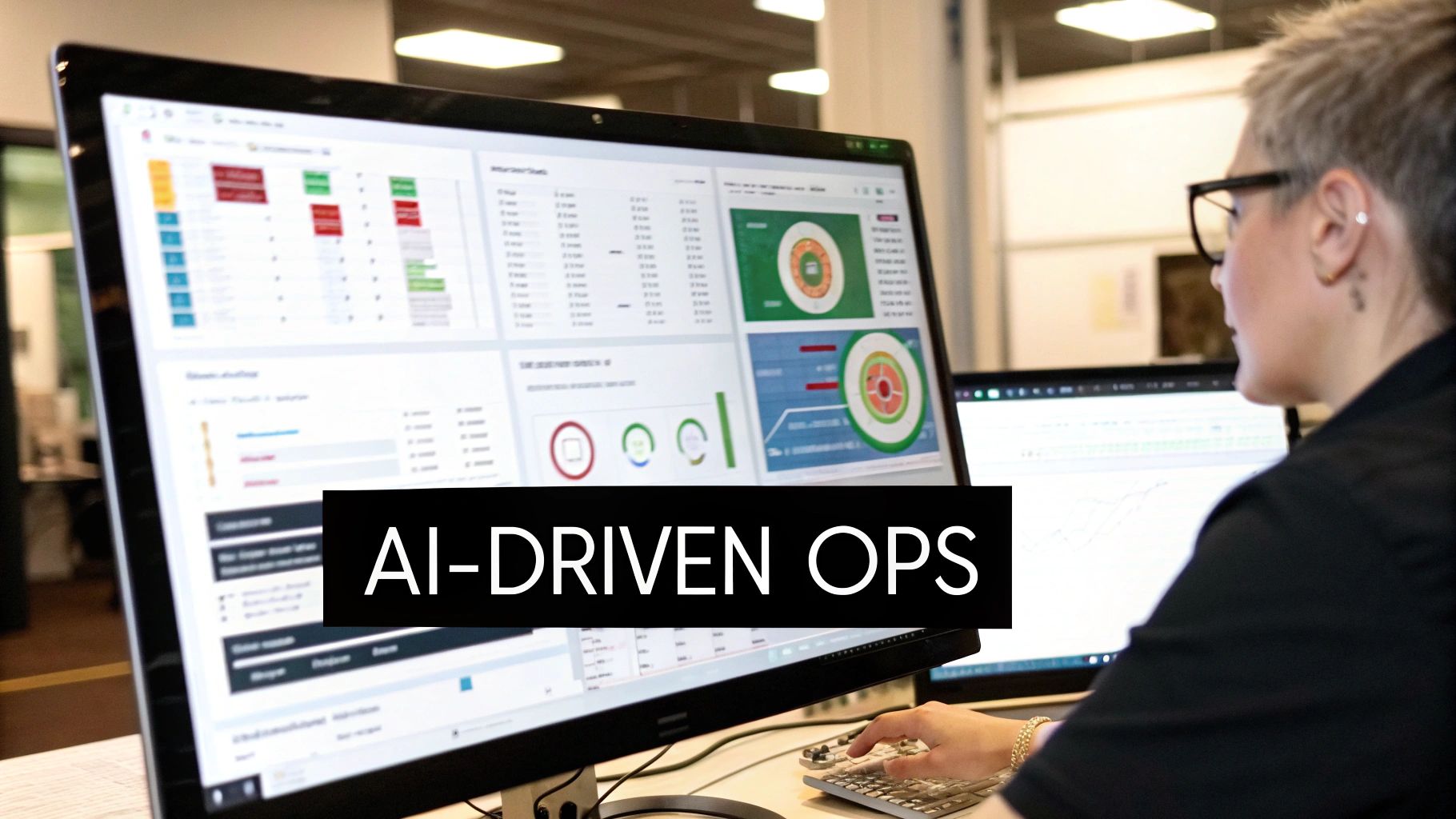 Person works on multiple computer screens showing AI-driven operations dashboards with data visualizations.