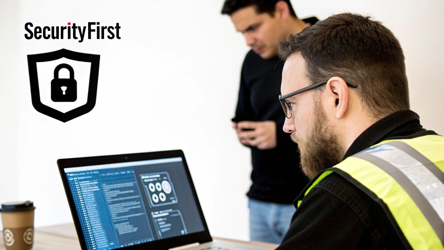 Two IT professionals collaborate, focusing on a laptop screen, with a SecurityFirst logo nearby.